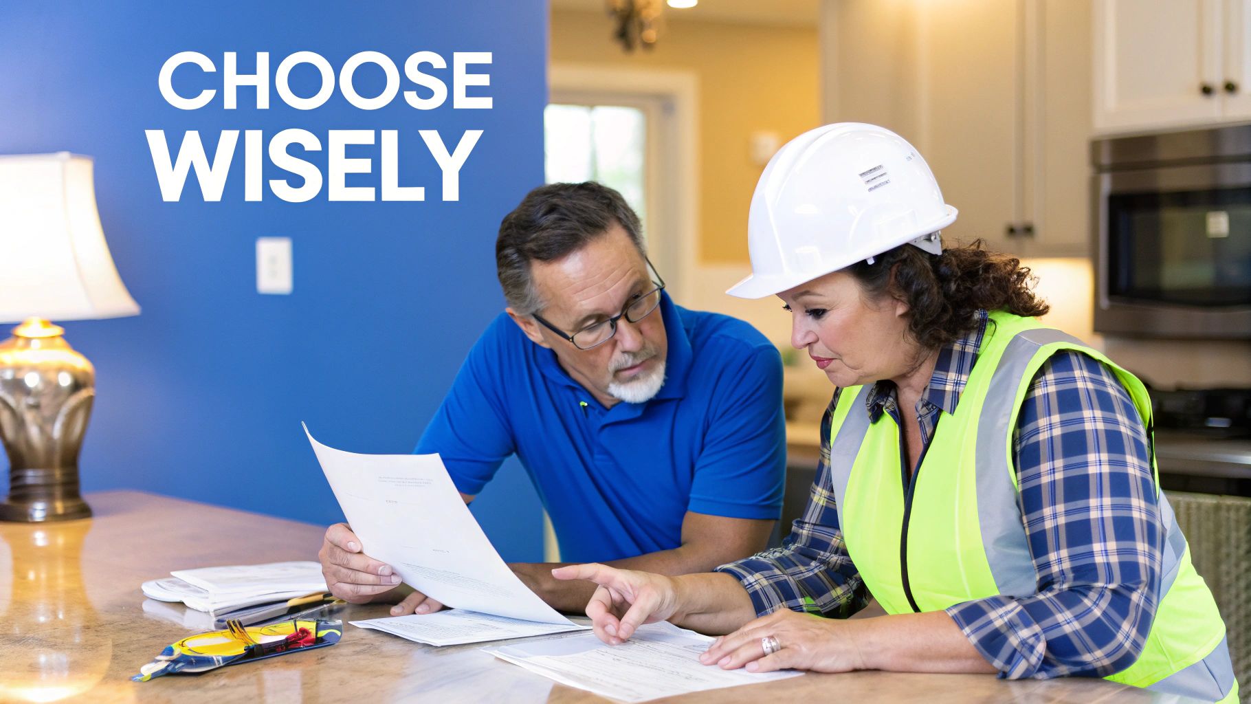 Two construction professionals shaking hands on a job site with architectural plans in the background.