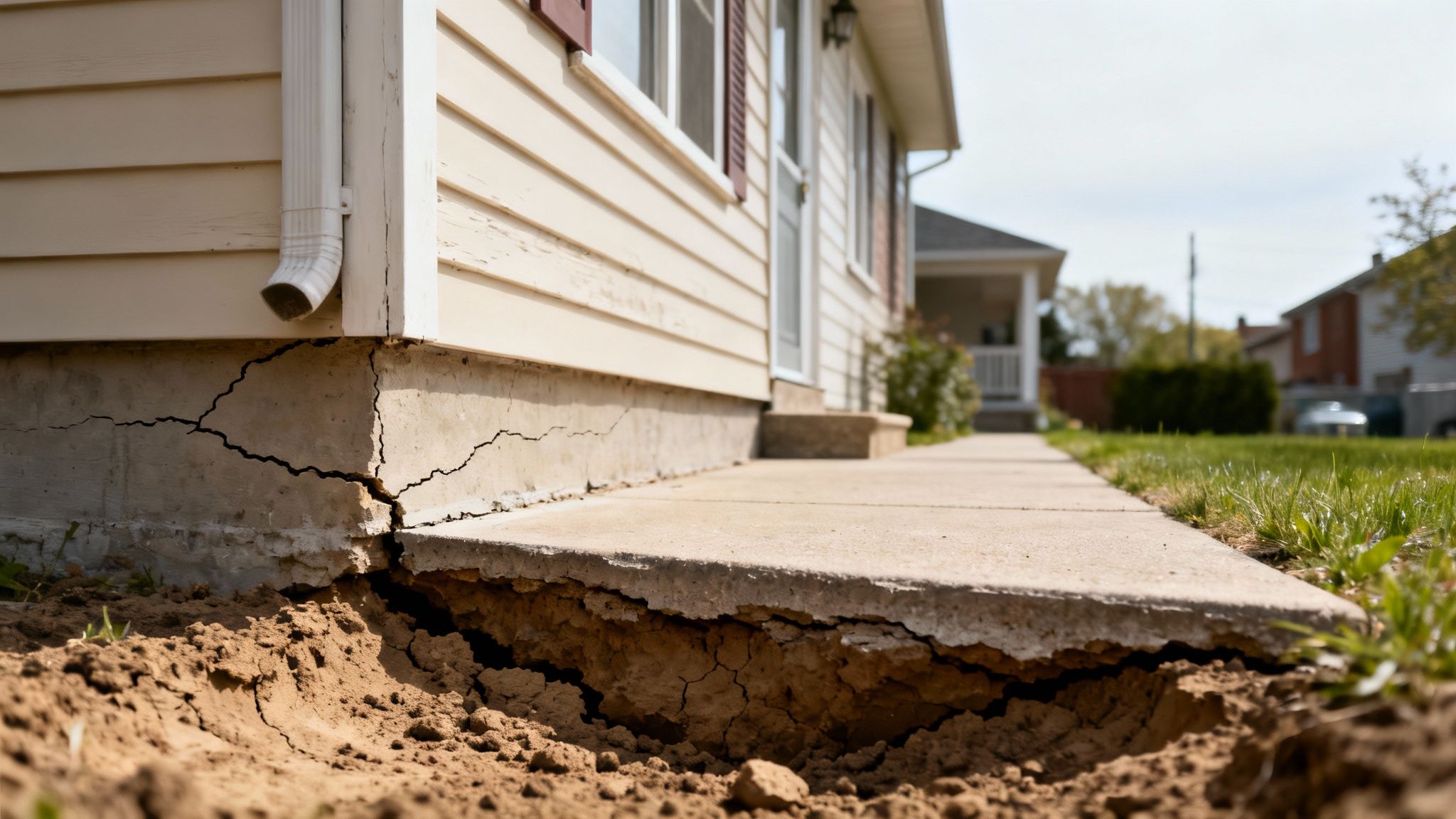 Close-up of a house foundation with severe cracks and a sunken concrete pathway due to soil erosion.