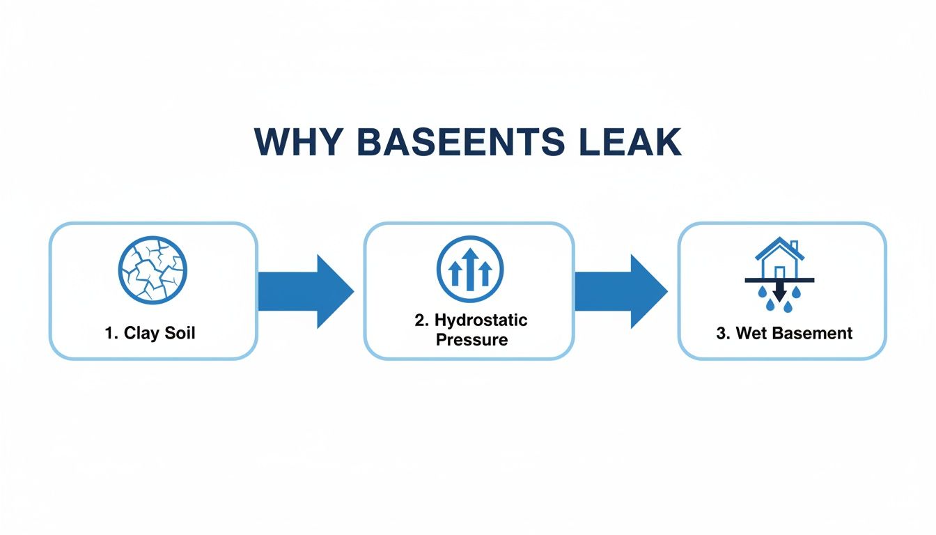 Flowchart illustrating why basements leak: clay soil causes hydrostatic pressure, leading to a wet basement.