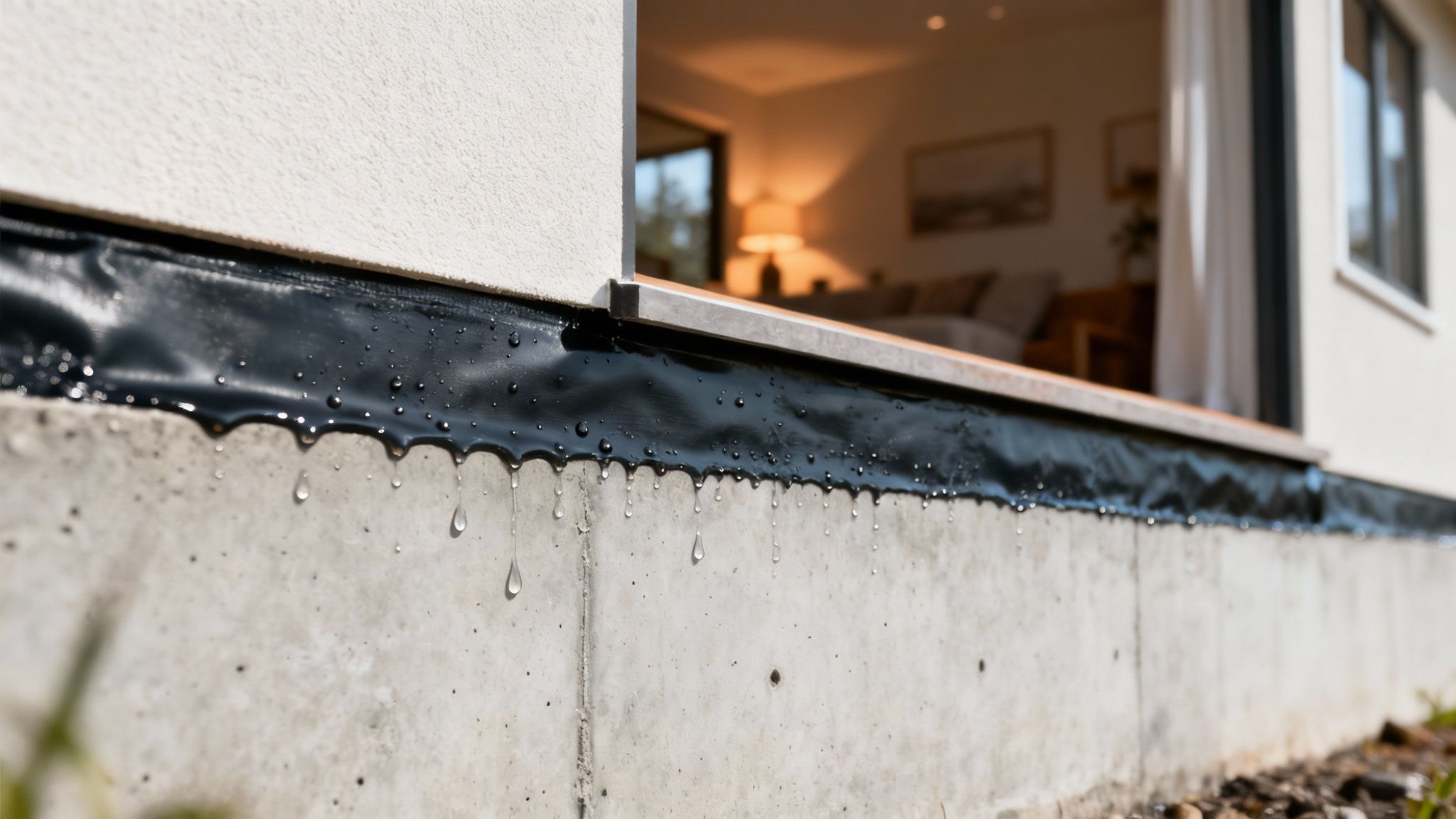 A construction worker applying a black waterproof membrane to a concrete foundation wall.