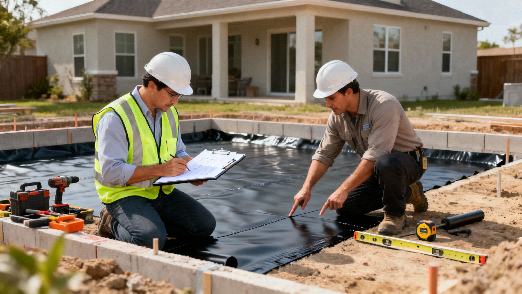 Two construction workers inspect black waterproofing membrane being laid for a house foundation.