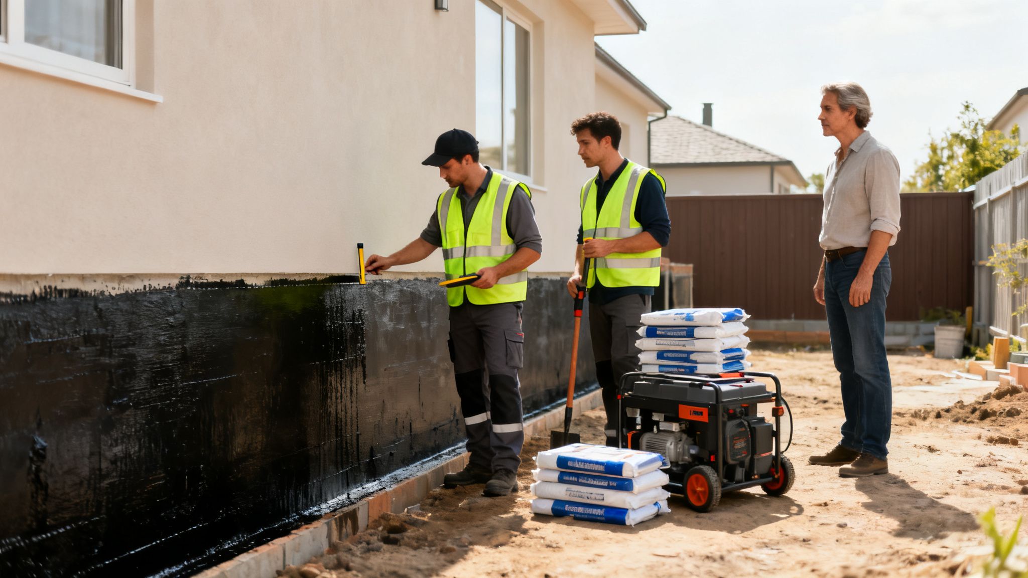 Two construction workers and a man inspect the black waterproofed foundation of a house.