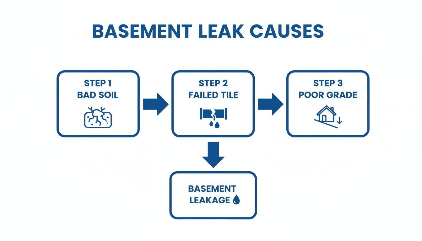 Flowchart illustrating basement leak causes: bad soil, failed tile, and poor grade lead to leakage.