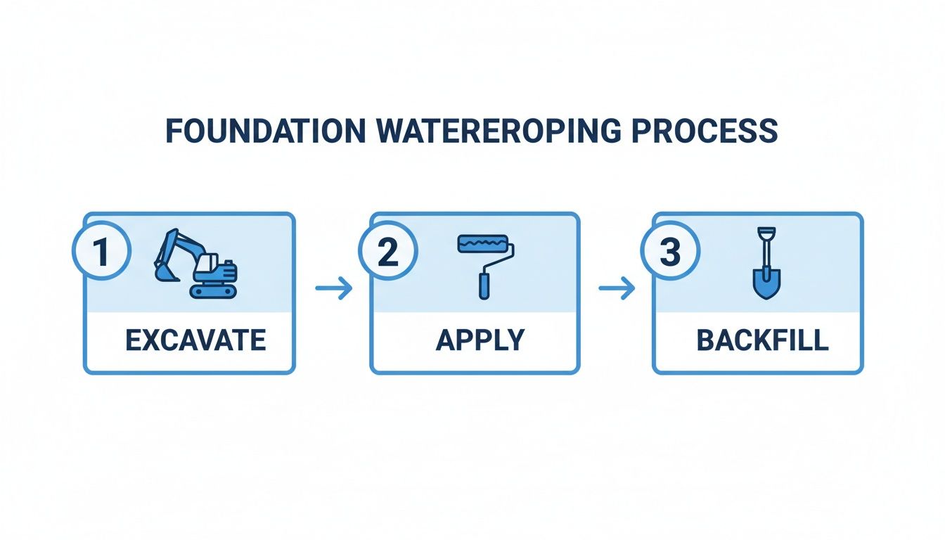 A three-step diagram illustrating the foundation waterproofing process: excavate, apply, and backfill.