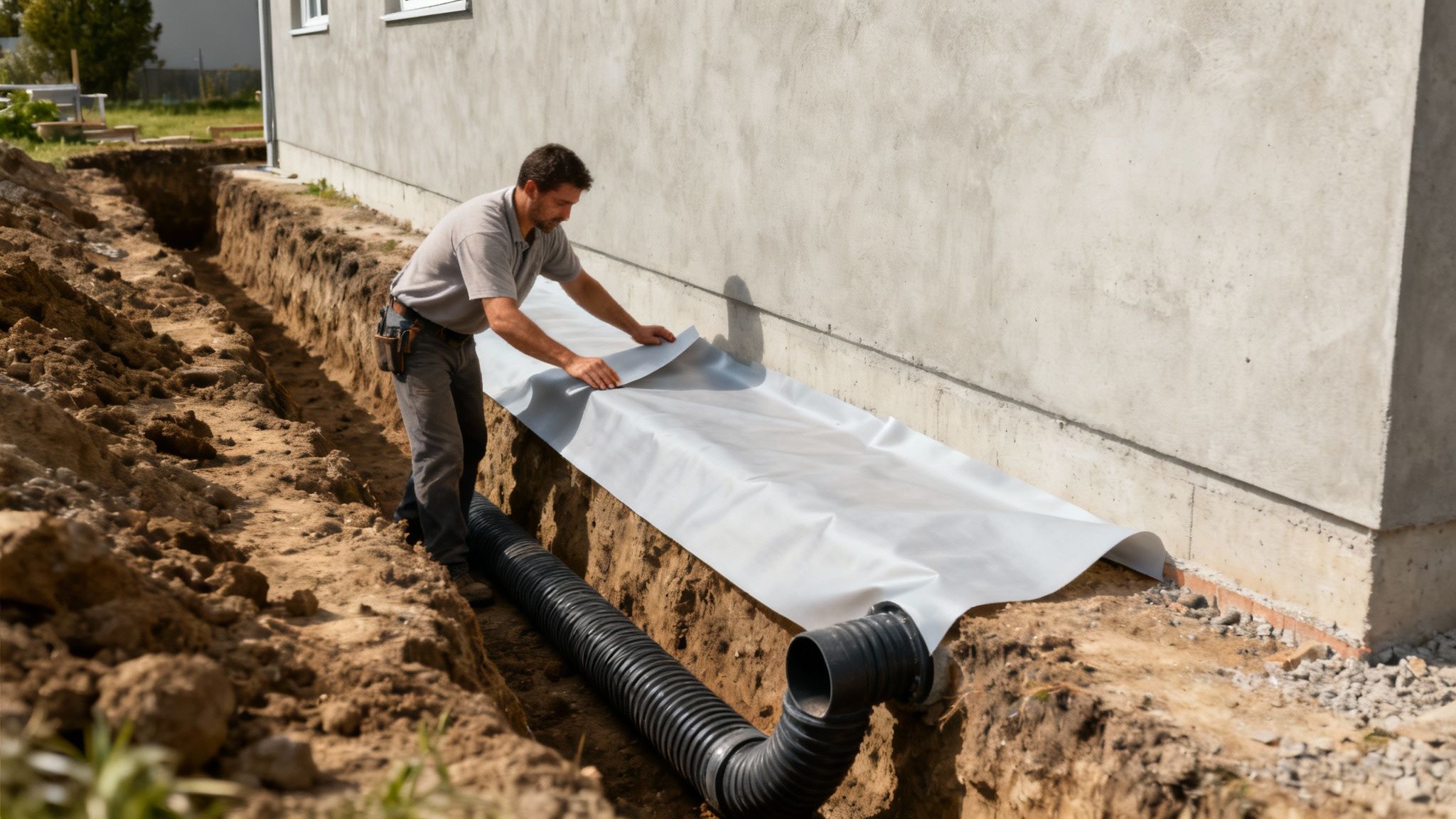 A professional crew excavating around a home's foundation to prepare for membrane installation.