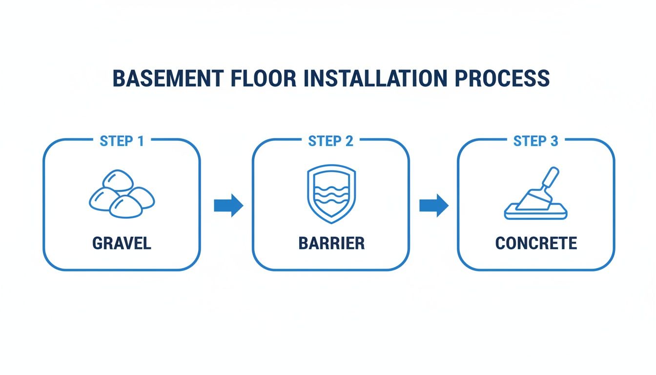 A three-step diagram illustrating the basement floor installation process: first gravel, then a barrier, followed by concrete.