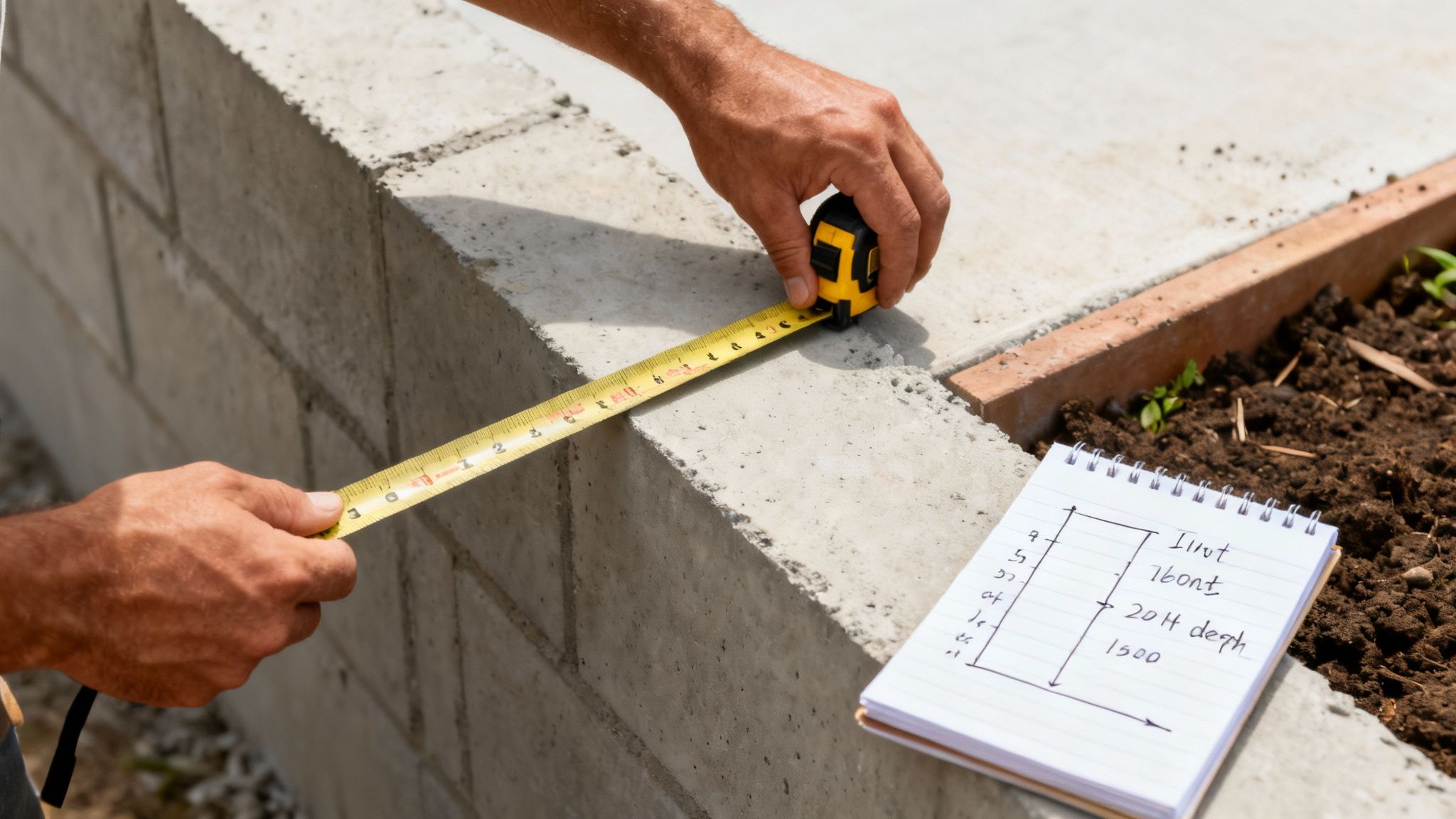 Close-up of a person's hands using a yellow tape measure on a concrete wall, with a notebook visible.