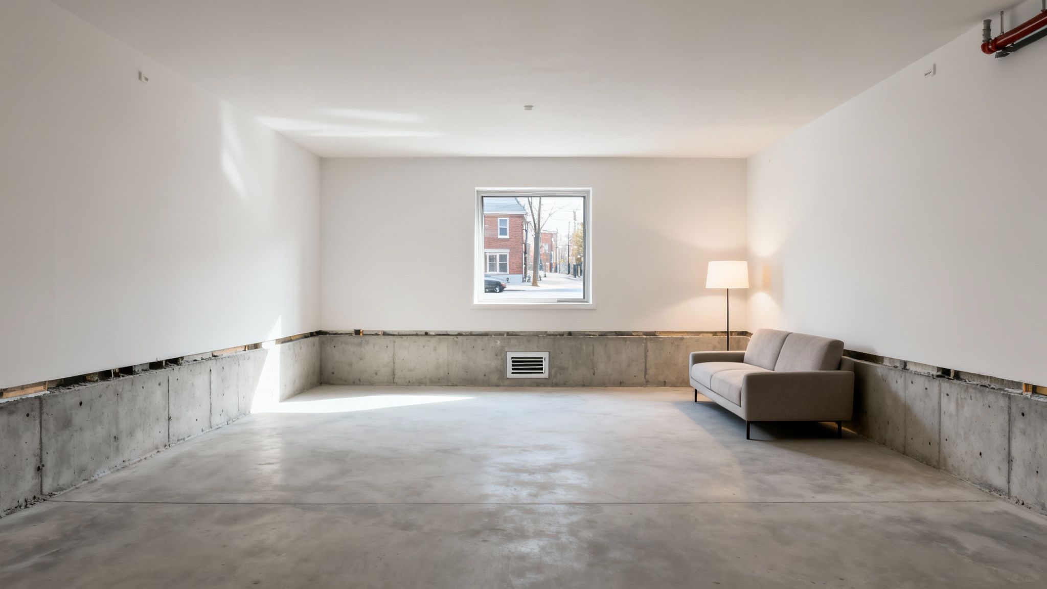 A partially finished basement with white walls, concrete elements, a window, a grey sofa, and a floor lamp.