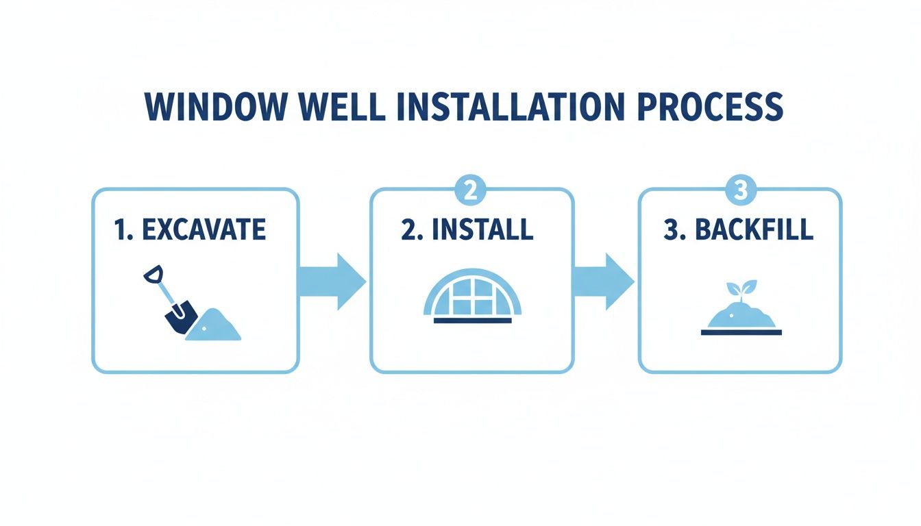 A visual guide illustrating the three-step window well installation process: excavate, install, and backfill.