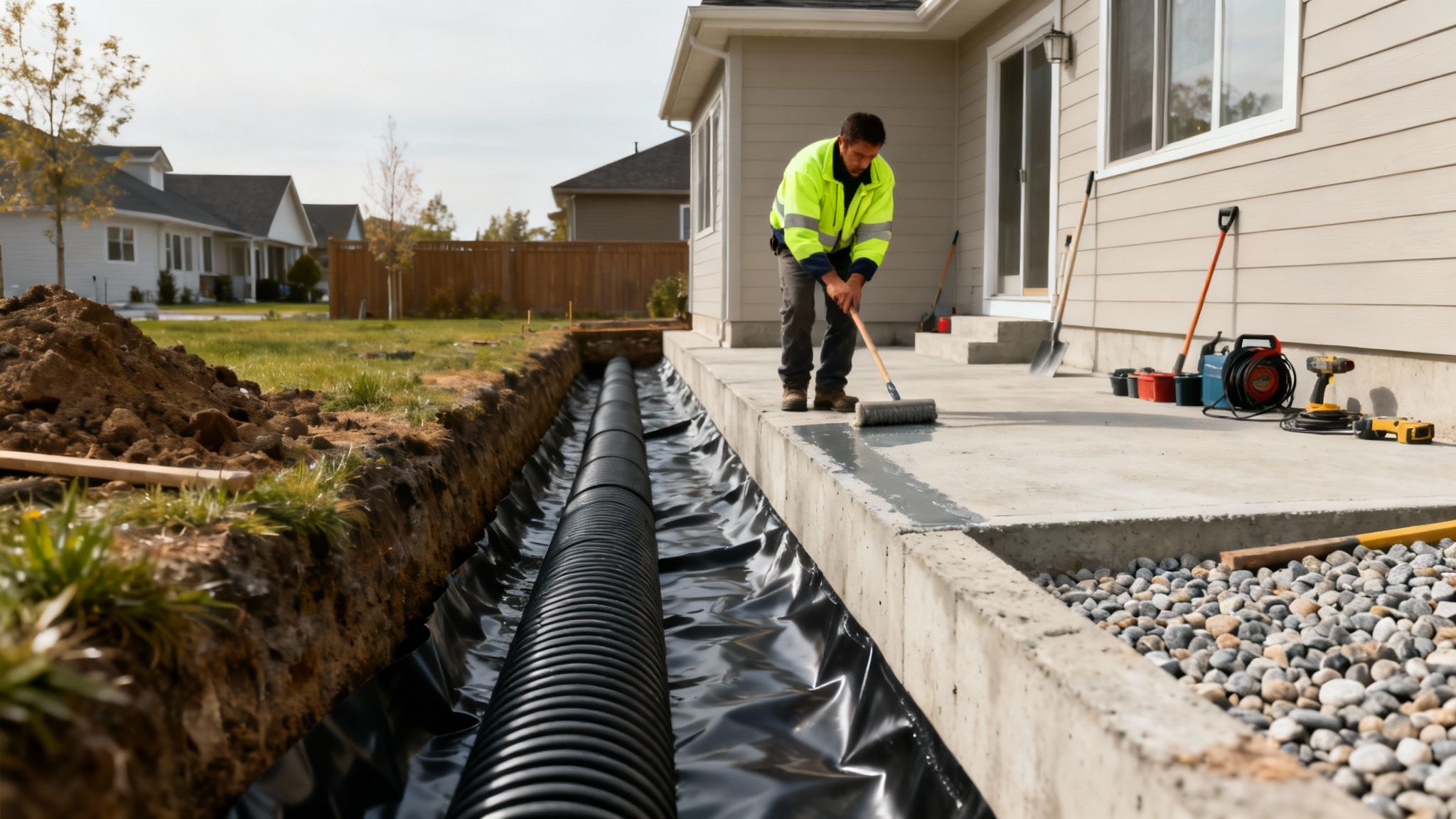 Waterproofing crew working on a basement foundation.