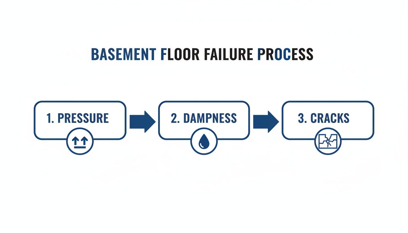 A three-step diagram illustrates the basement floor failure process: pressure leads to dampness, which then causes cracks.