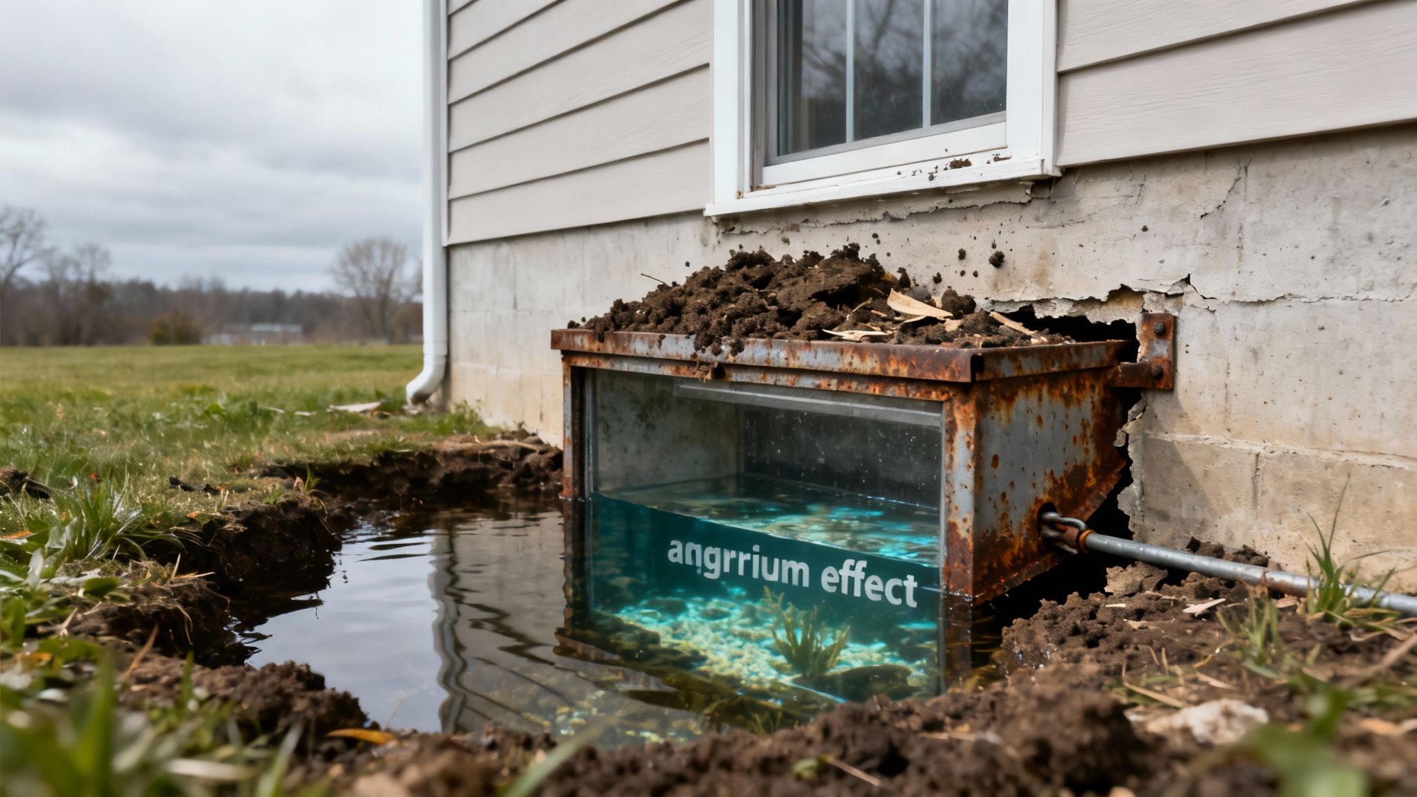 A rusted window well with water and 'angrrium effect' text, dug into the ground next to a house foundation.