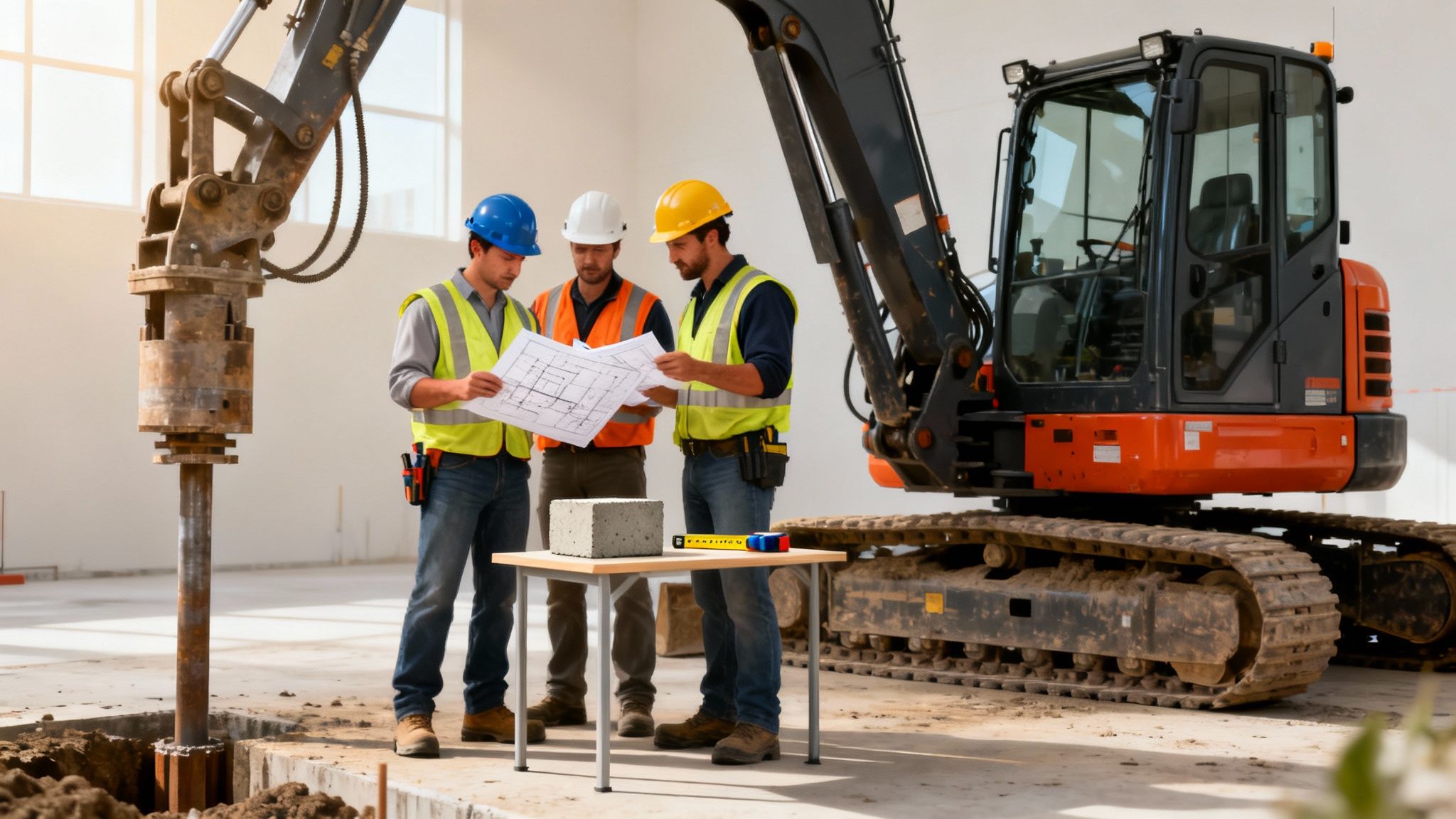 Construction workers in hard hats and vests examine blueprints beside heavy machinery on a building site.