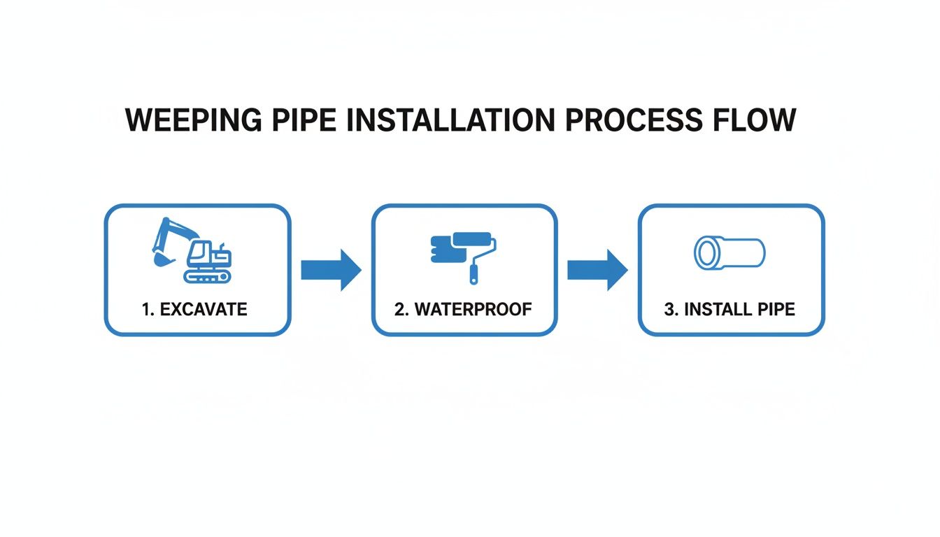 A flowchart illustrating the three steps of weeping pipe installation: excavate, waterproof, and install pipe.