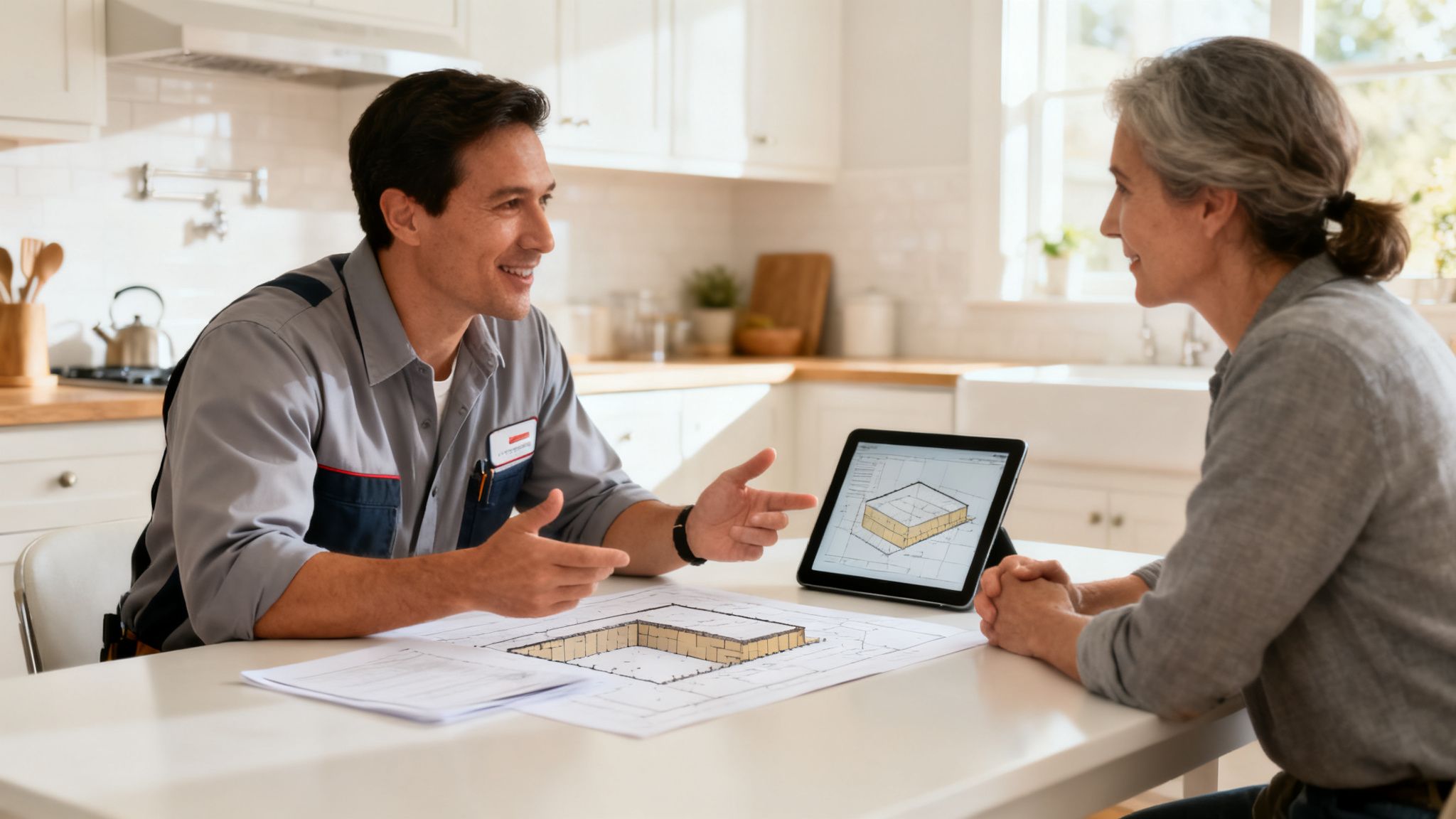 A contractor explains construction plans and a 3D building model on a tablet to a homeowner.