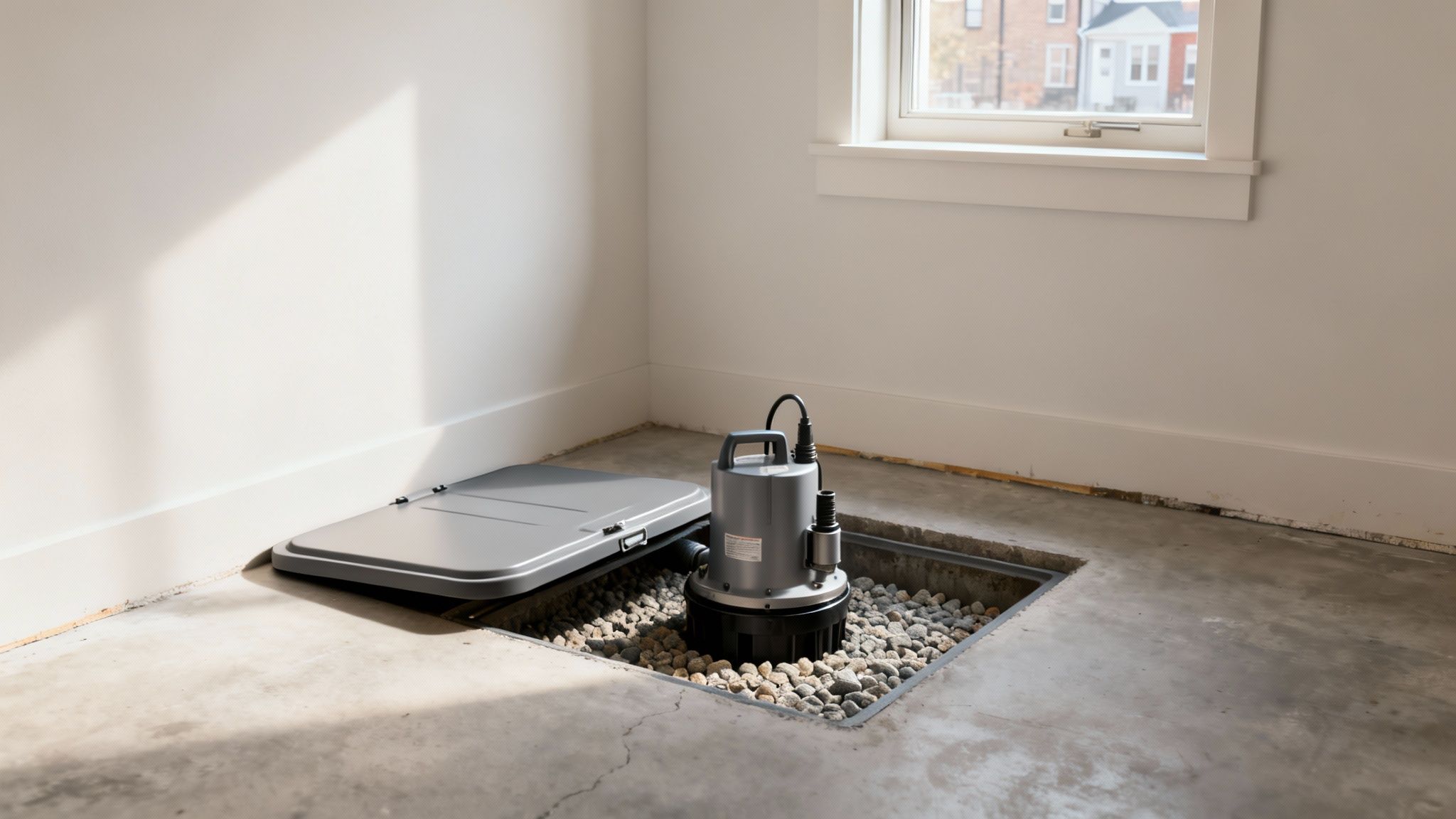 A gray sump pump stands in an open pit filled with pebbles on a concrete basement floor, with its lid nearby.