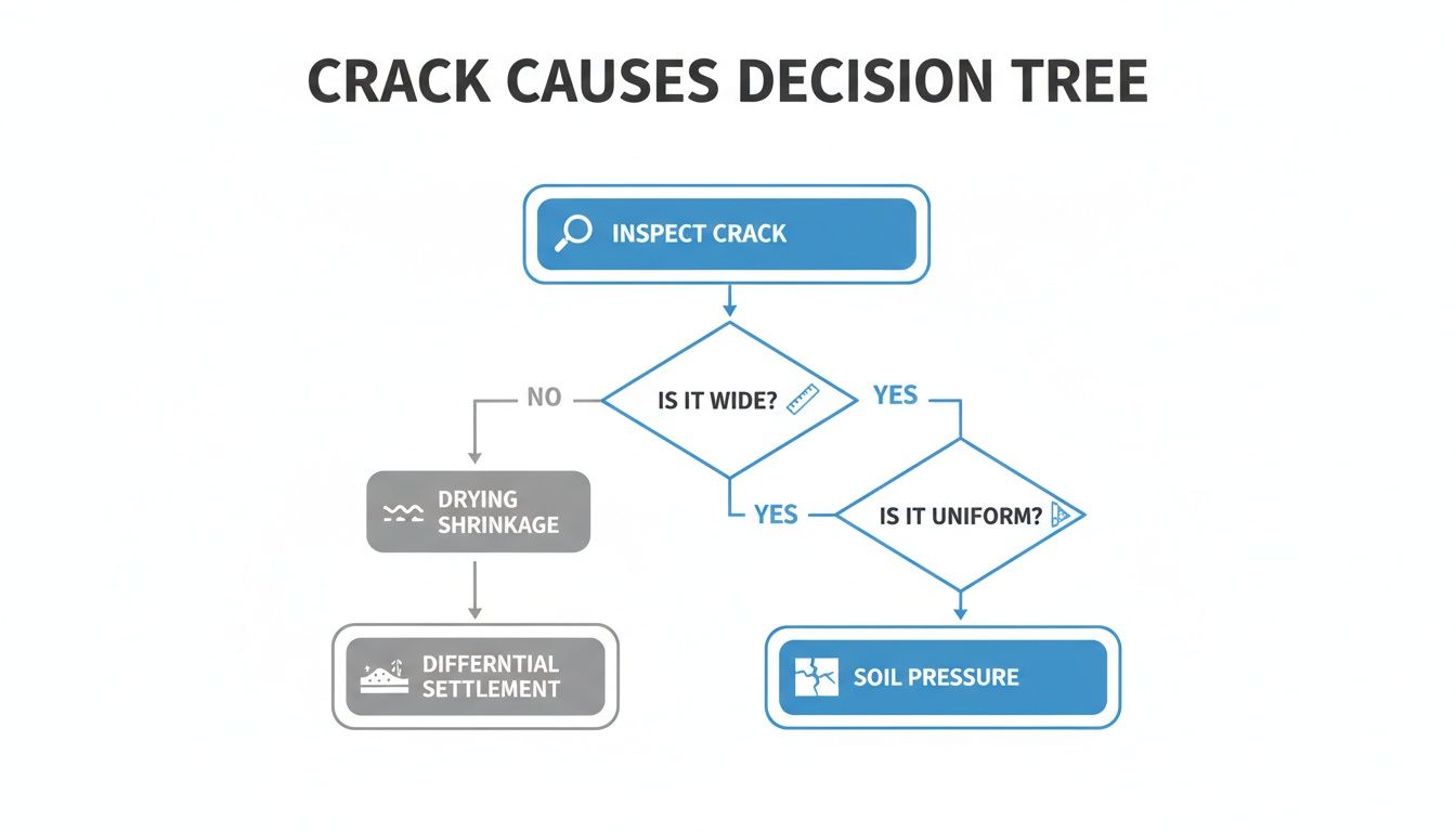 A decision tree flowchart explaining crack causes, leading to drying shrinkage, differential settlement, or soil pressure.
