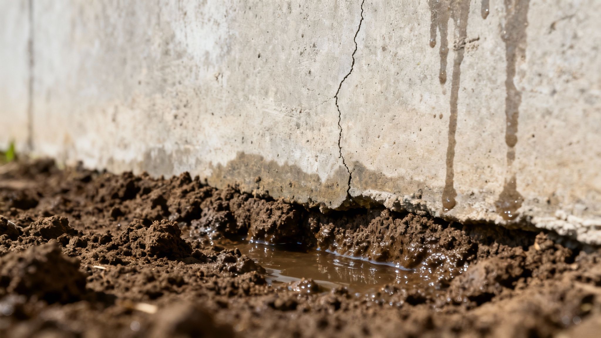 A concrete foundation wall with a crack, water stains, and muddy ground with puddles.