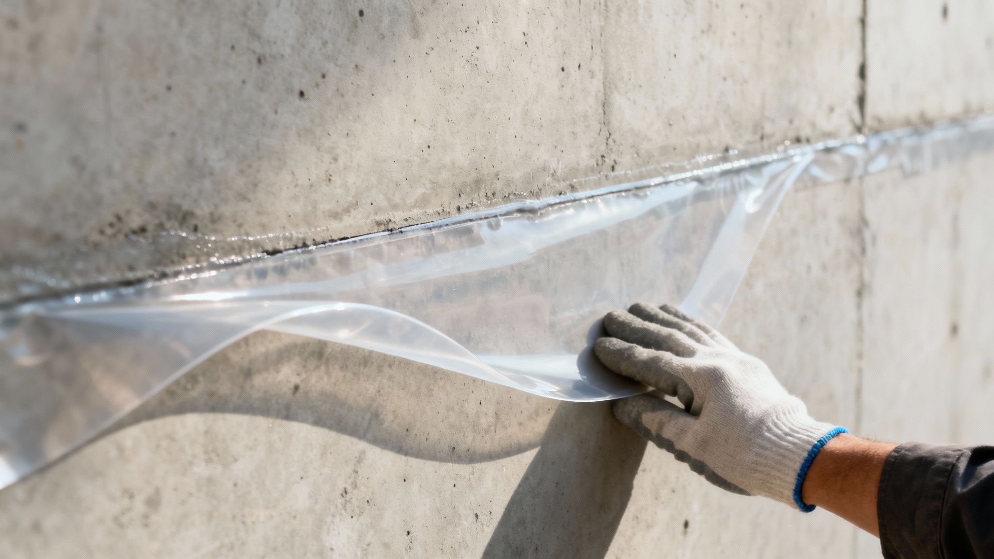 A close-up shot showing a thick, black waterproofing membrane being smoothly applied to an exterior concrete foundation wall.