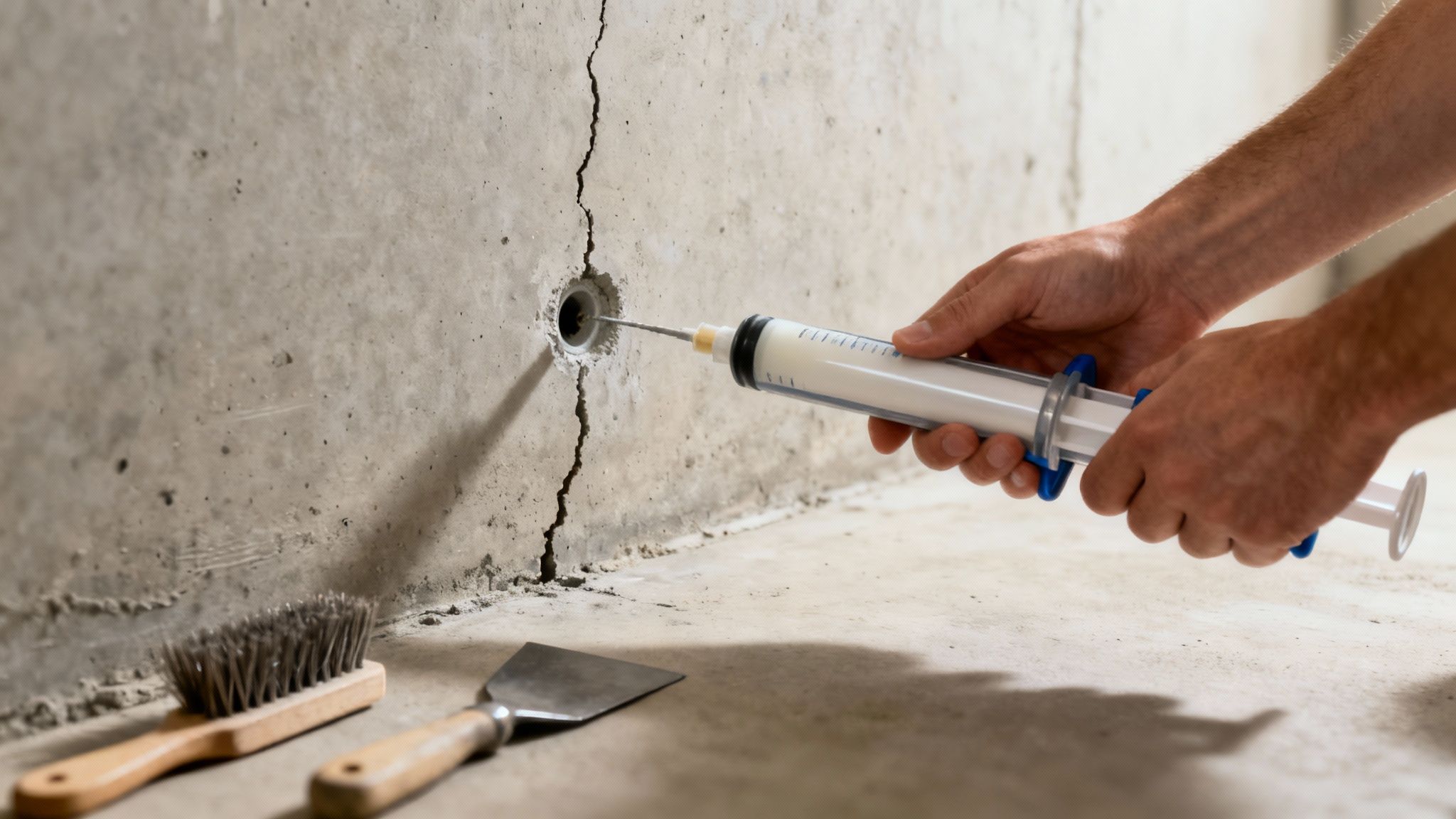 A close-up shot of a foundation crack being repaired with an injection tool.