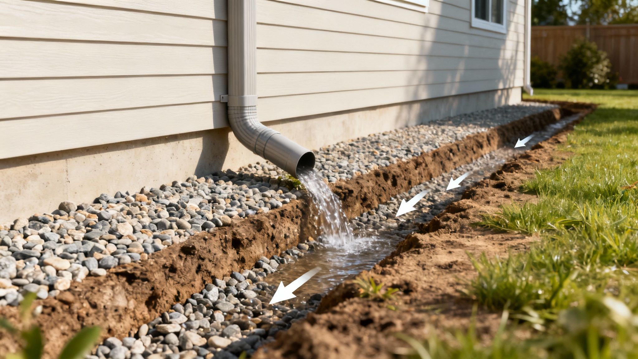 A well-maintained home exterior showing proper grading and drainage systems, preventing foundation issues.