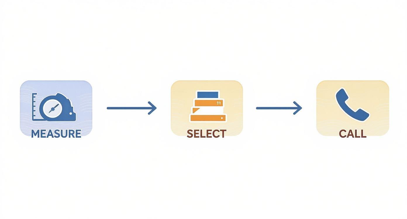 A three-step installation process diagram with icons for measure, select, and call.