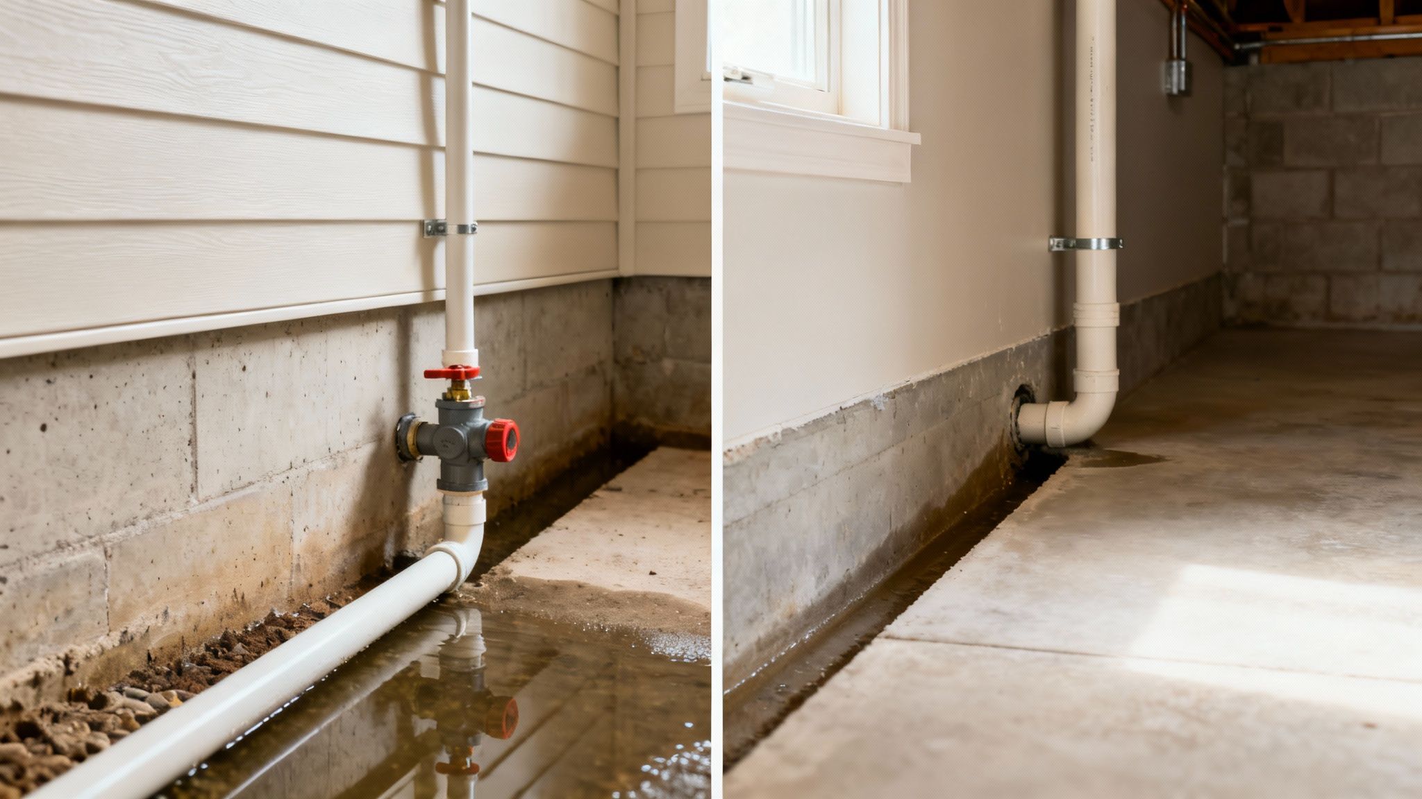 Foundation drainage system with white pipes and a red valve, showing standing water.