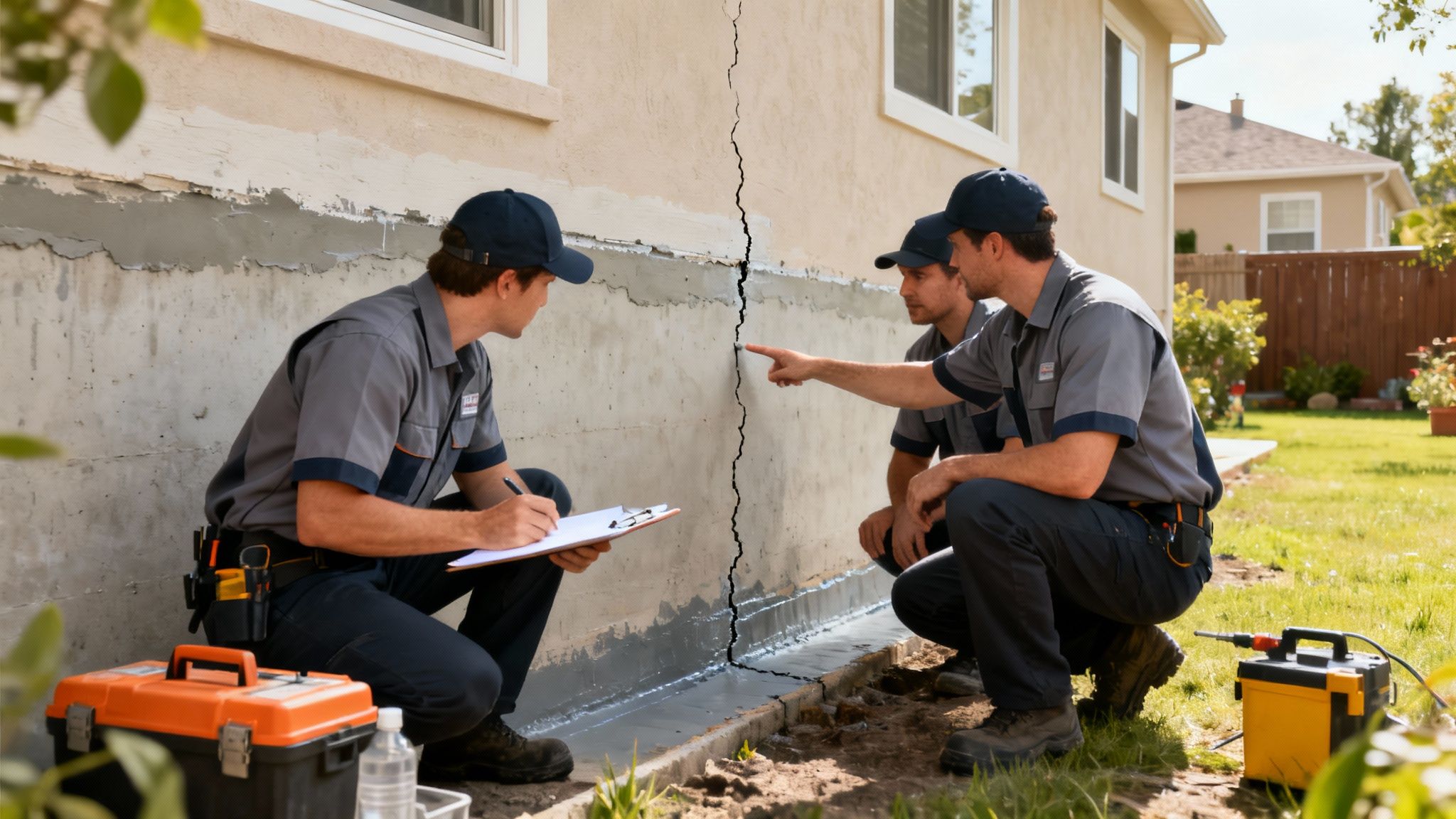 Foundation repair specialists examine a significant vertical crack on a house's exterior, with tools nearby.