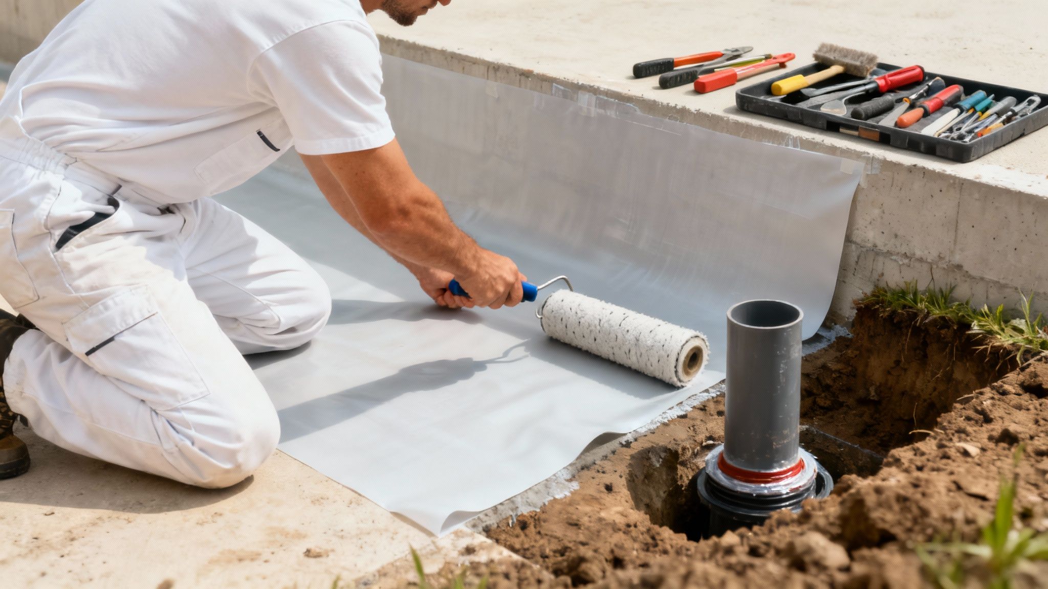 A professional waterproofing contractor applies a membrane to an exposed foundation wall.