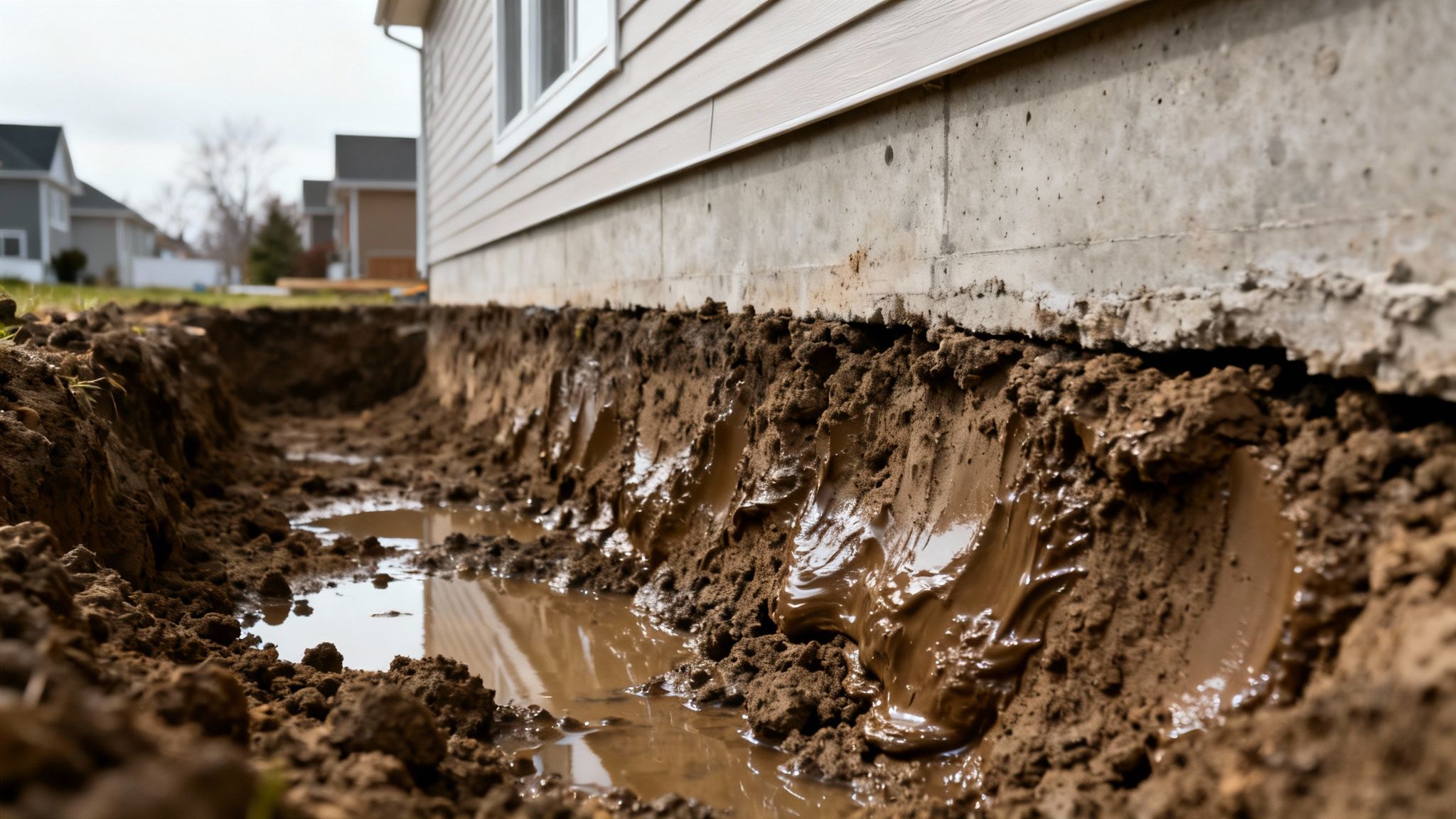 A muddy trench dug alongside a house foundation, likely for installing a weeping pipe system.