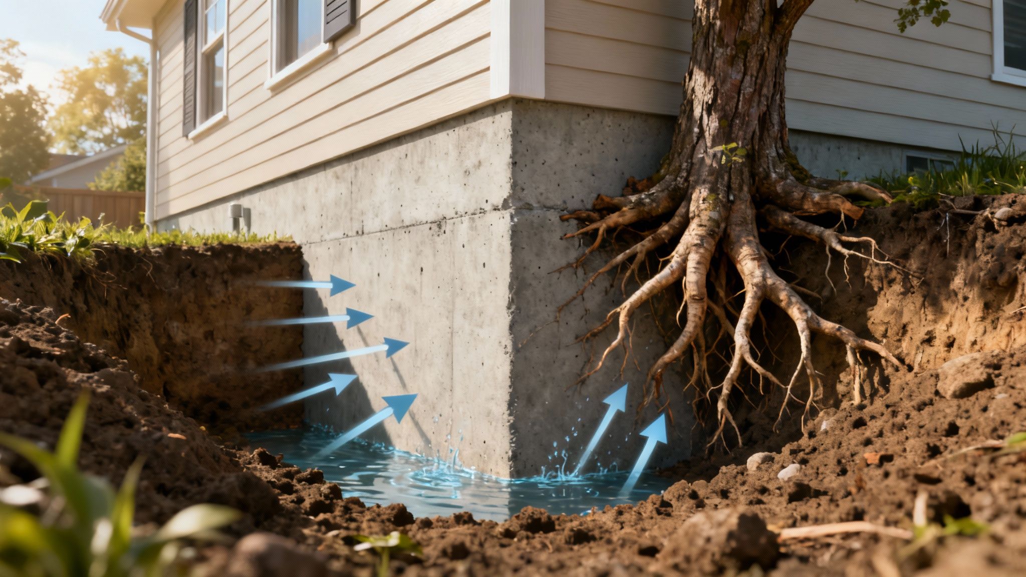 A damp and cracked concrete foundation wall with visible water seepage, illustrating the effects of hydrostatic pressure.