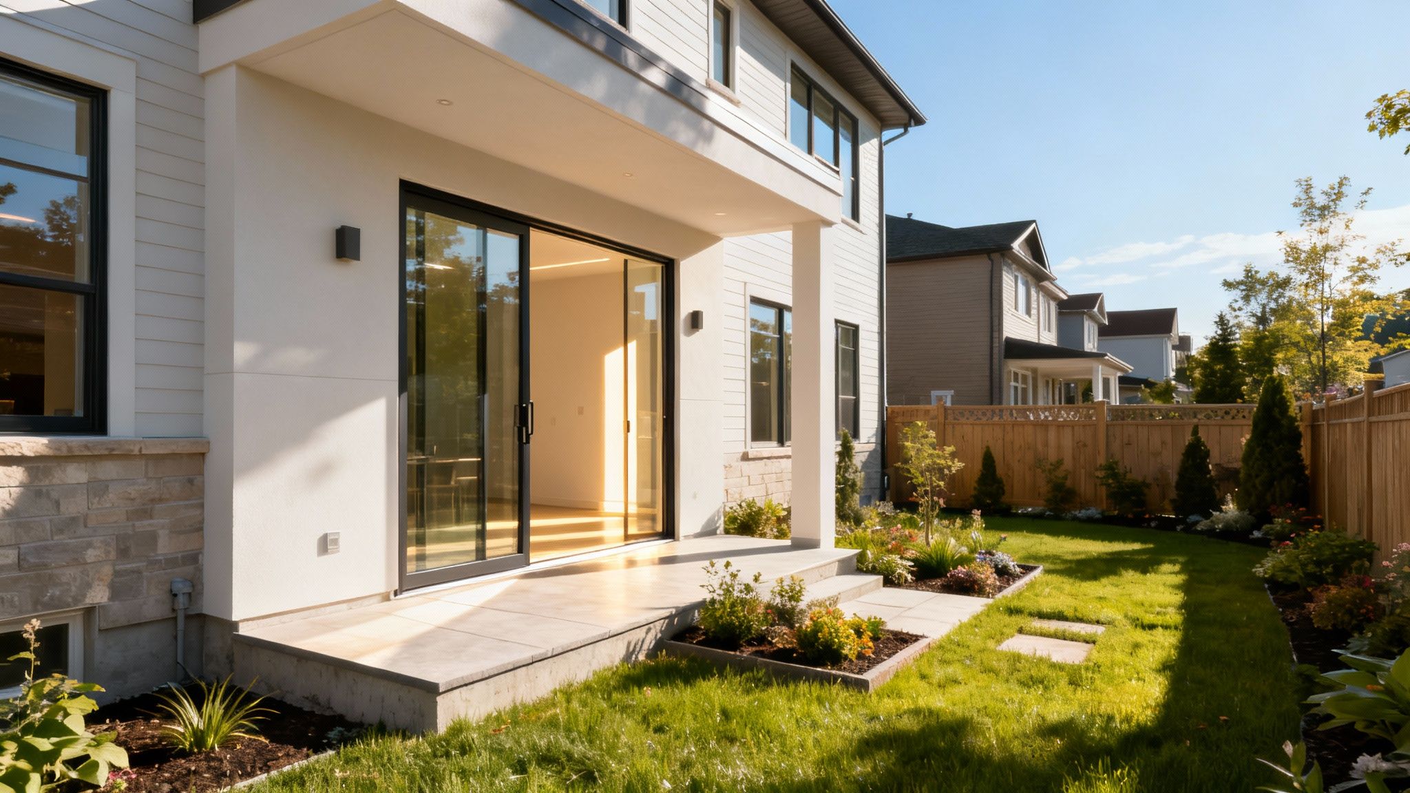 Modern house with a walk-out basement, large sliding doors, patio, and a green landscaped backyard.