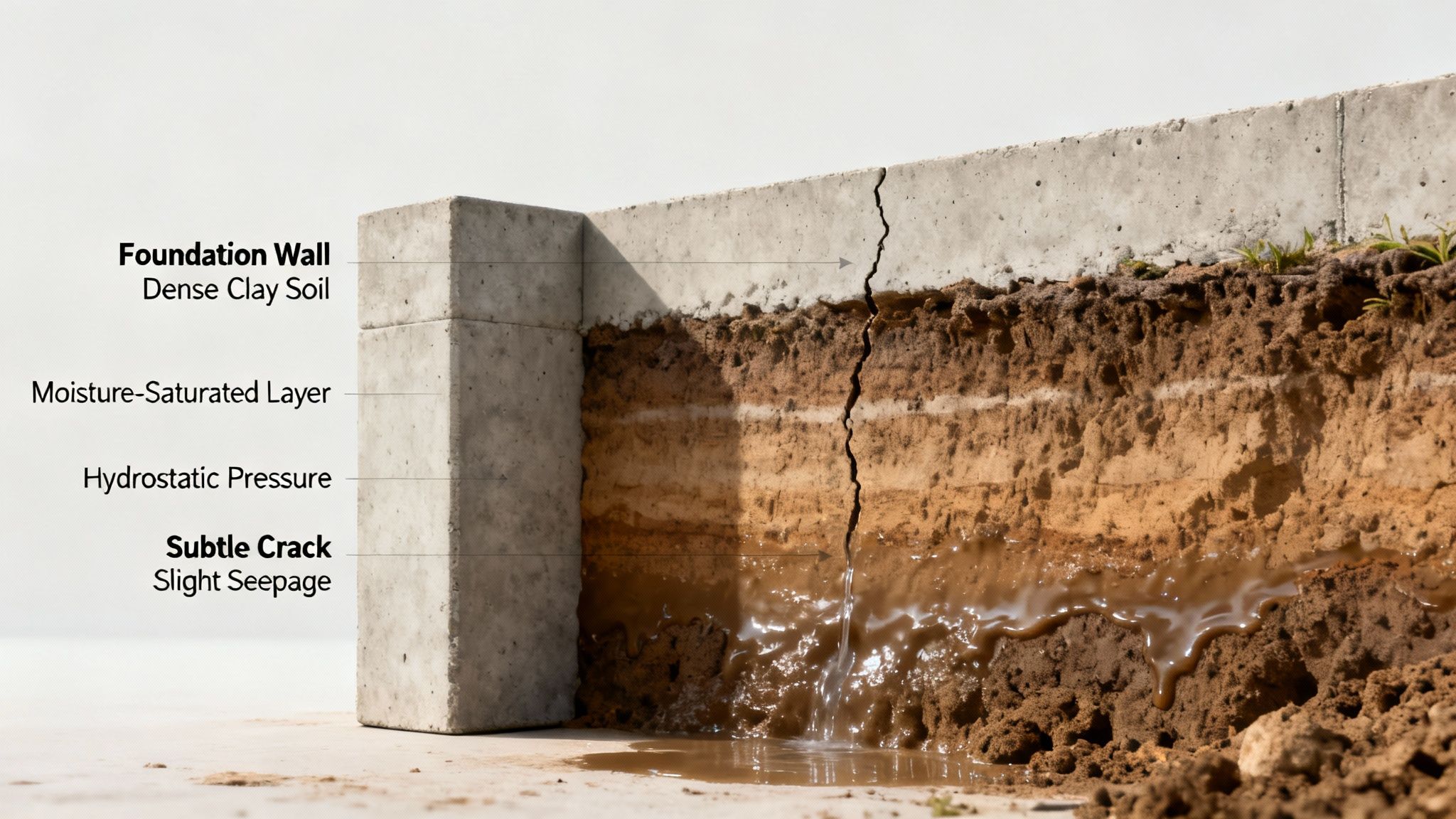 Water leaks through a cracked concrete foundation wall into saturated soil, illustrating hydrostatic pressure.