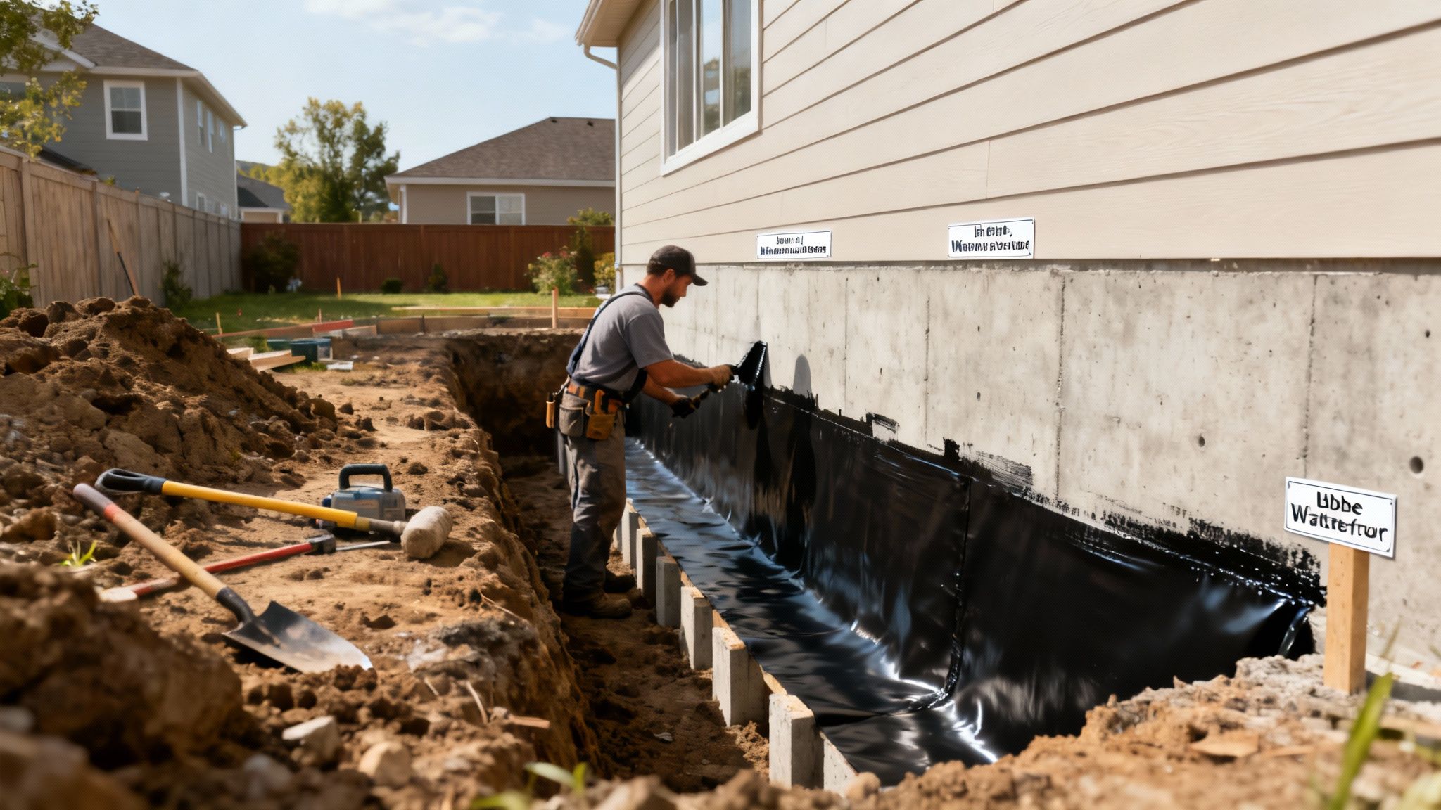 A man applies black waterproofing membrane to a house's concrete foundation in a dug trench.