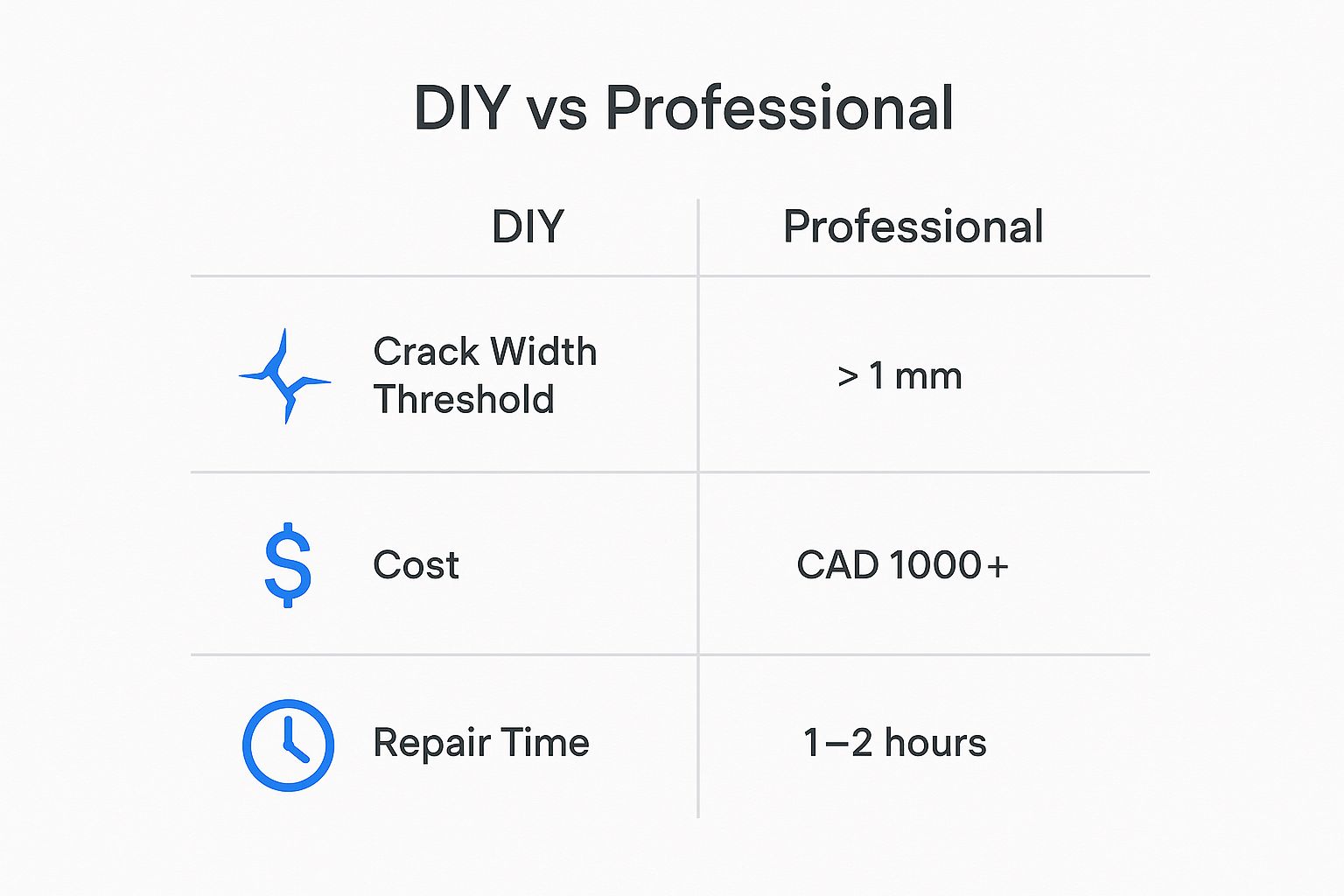 Infographic comparing DIY and professional foundation crack repair based on crack width, cost, and time.