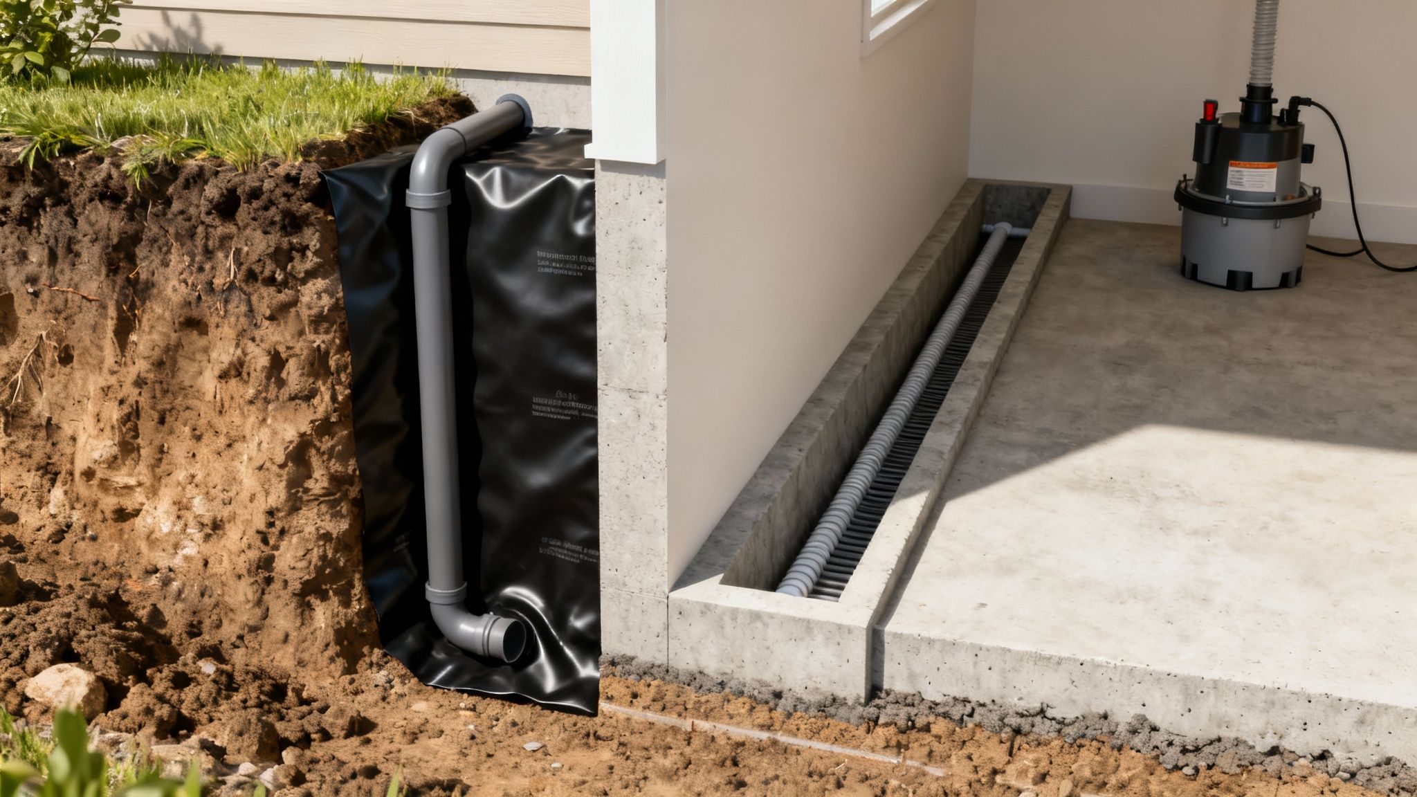 Two diagrams comparing the process of interior and exterior basement waterproofing.