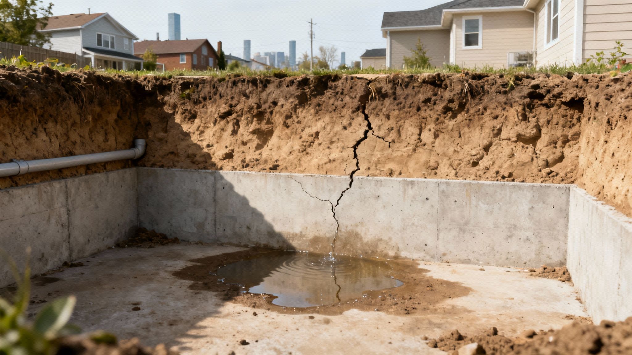 A house foundation pit with concrete walls, a crack leaking water into a puddle, and a drainage pipe.