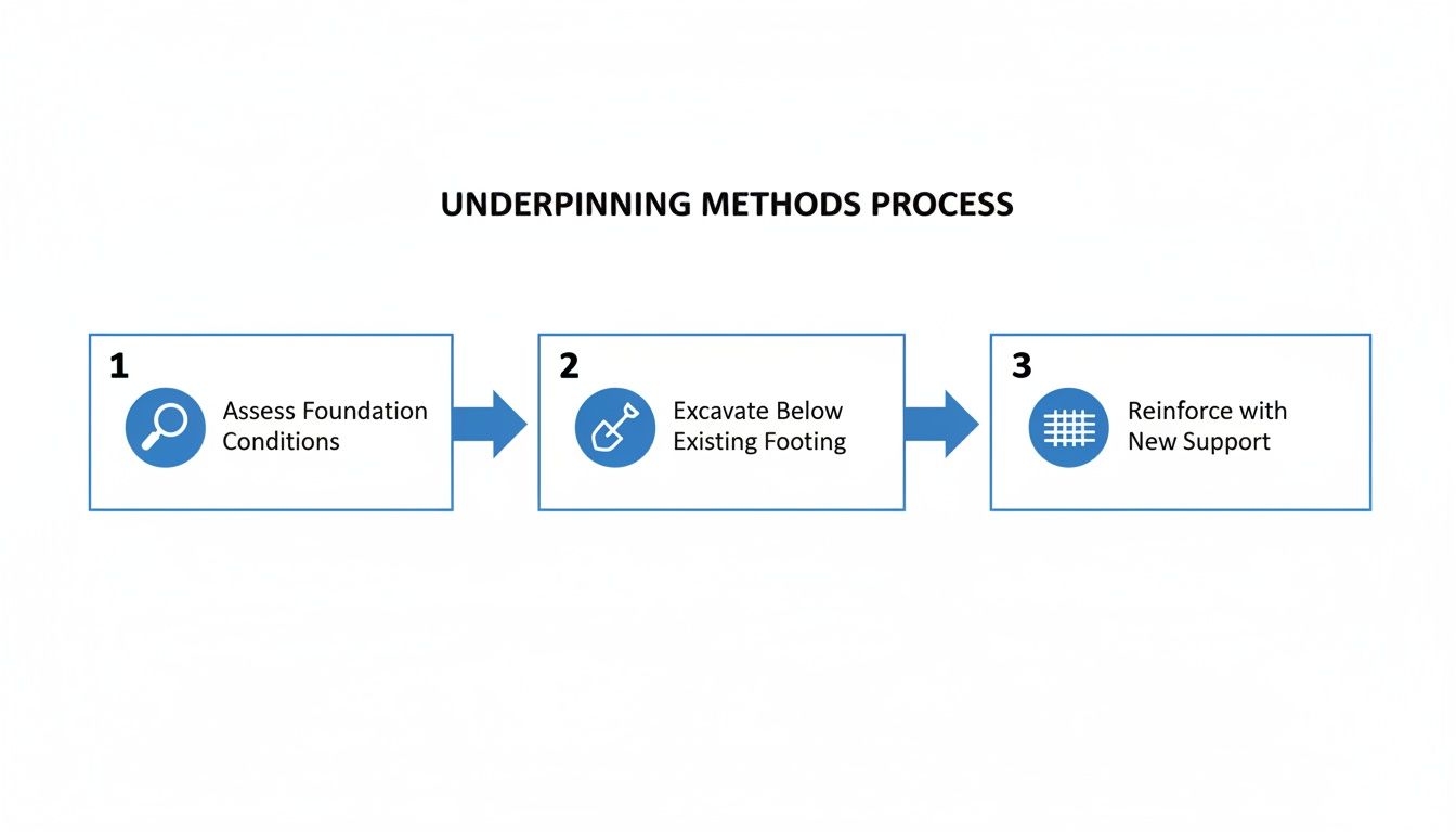 A three-step process diagram illustrating underpinning methods for foundation repair.
