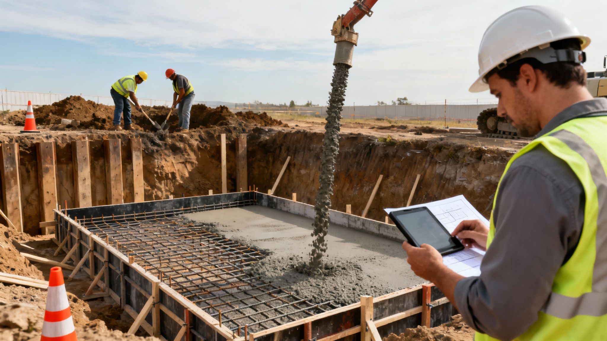 Construction workers pouring concrete for a building foundation while an engineer reviews plans on site.