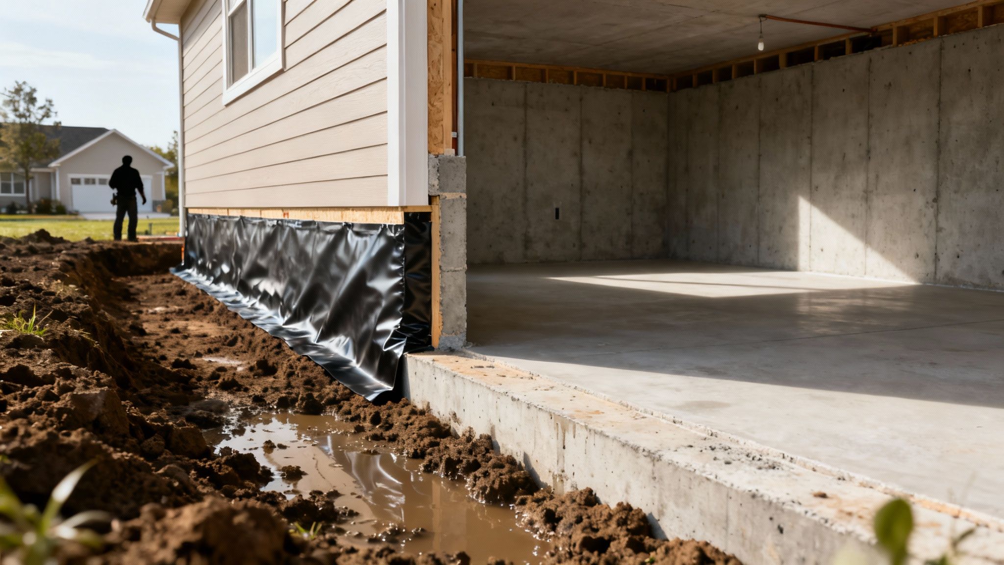 A house foundation with black waterproof membrane, surrounded by a muddy trench and an unfinished basement.