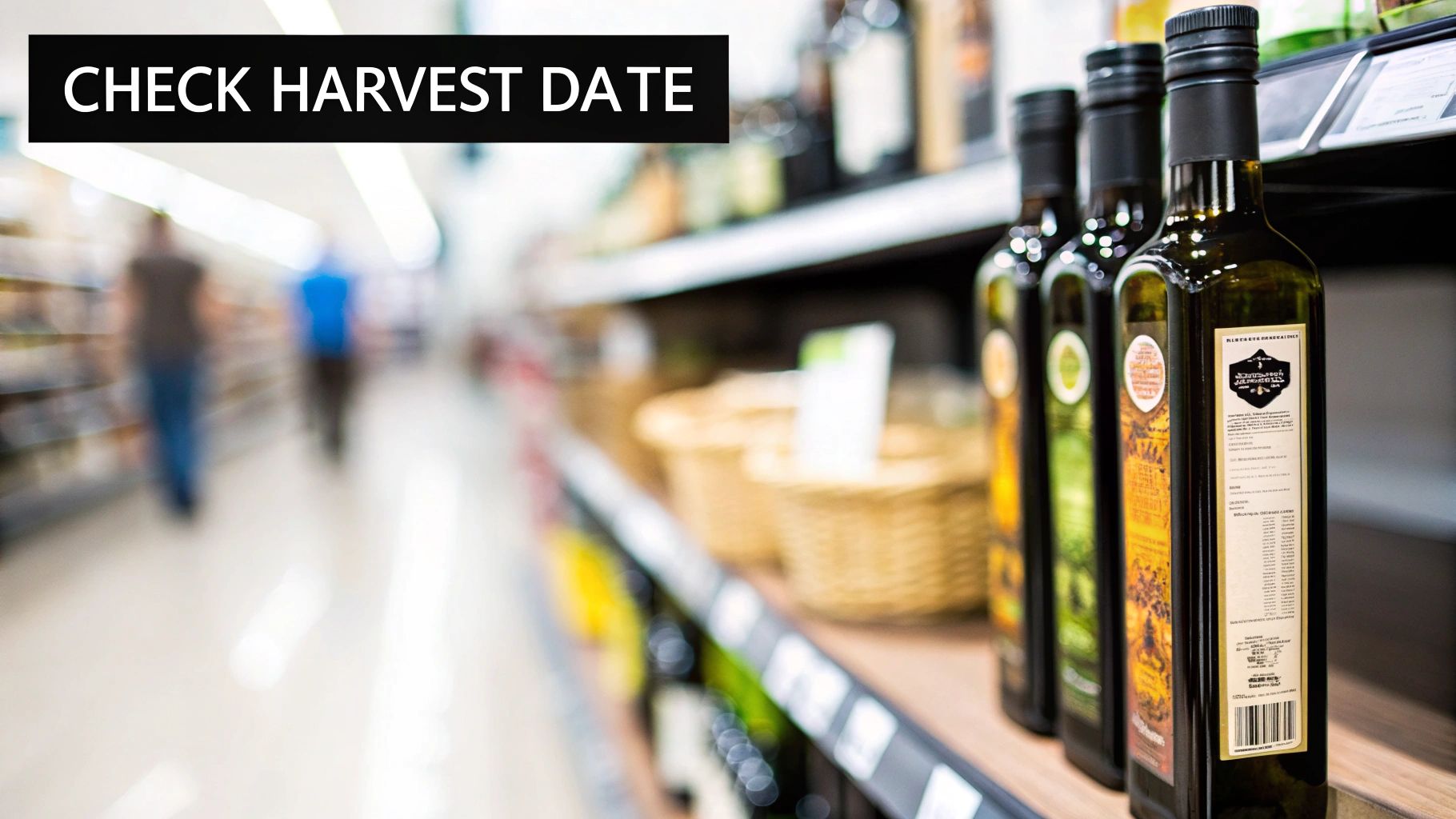 Several bottles of olive oil are lined up on a supermarket shelf, with a banner instructing to 'Check Harvest Date'.