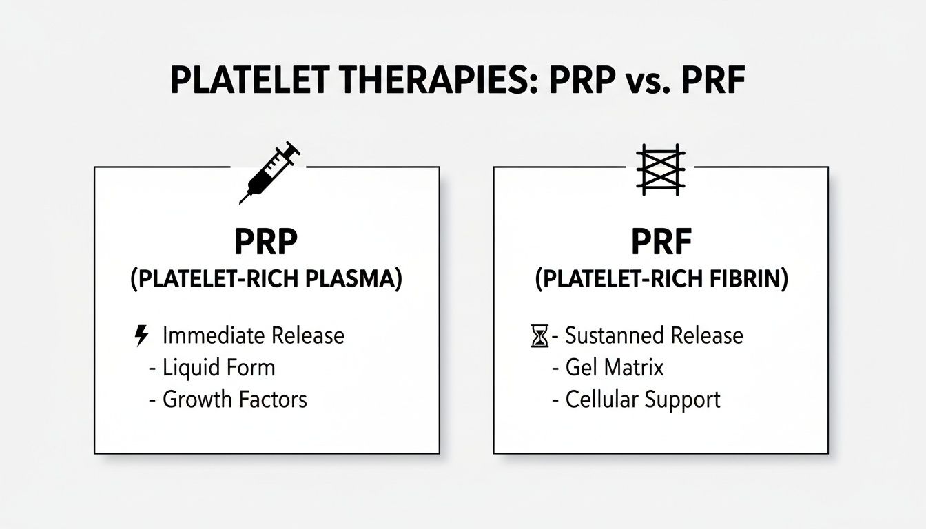 Comparison of Platelet-Rich Plasma (PRP) and Platelet-Rich Fibrin (PRF) therapies, detailing their distinct characteristics and benefits.