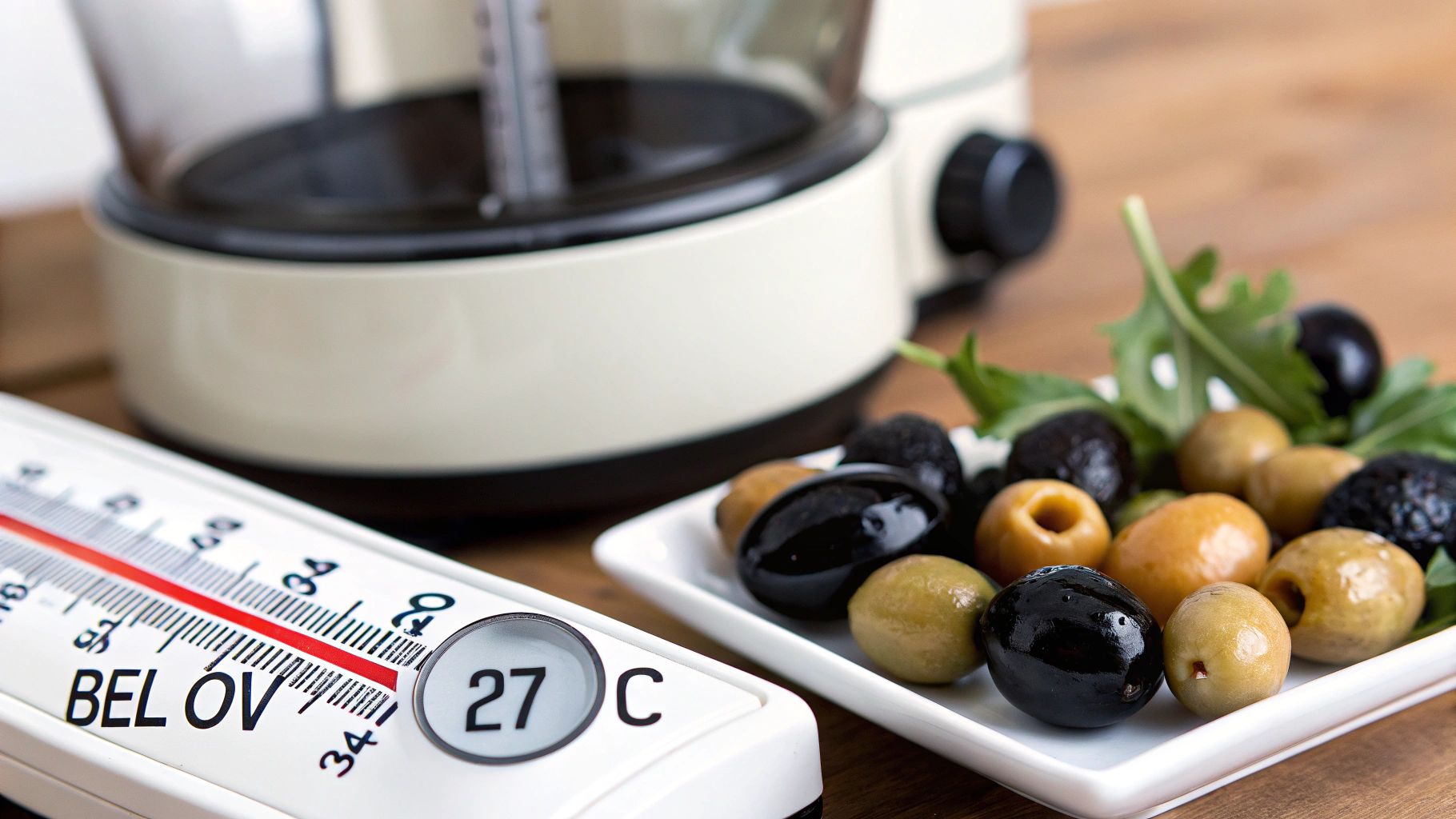 A thermometer showing 27°C next to a plate of green and black olives on a wooden table.