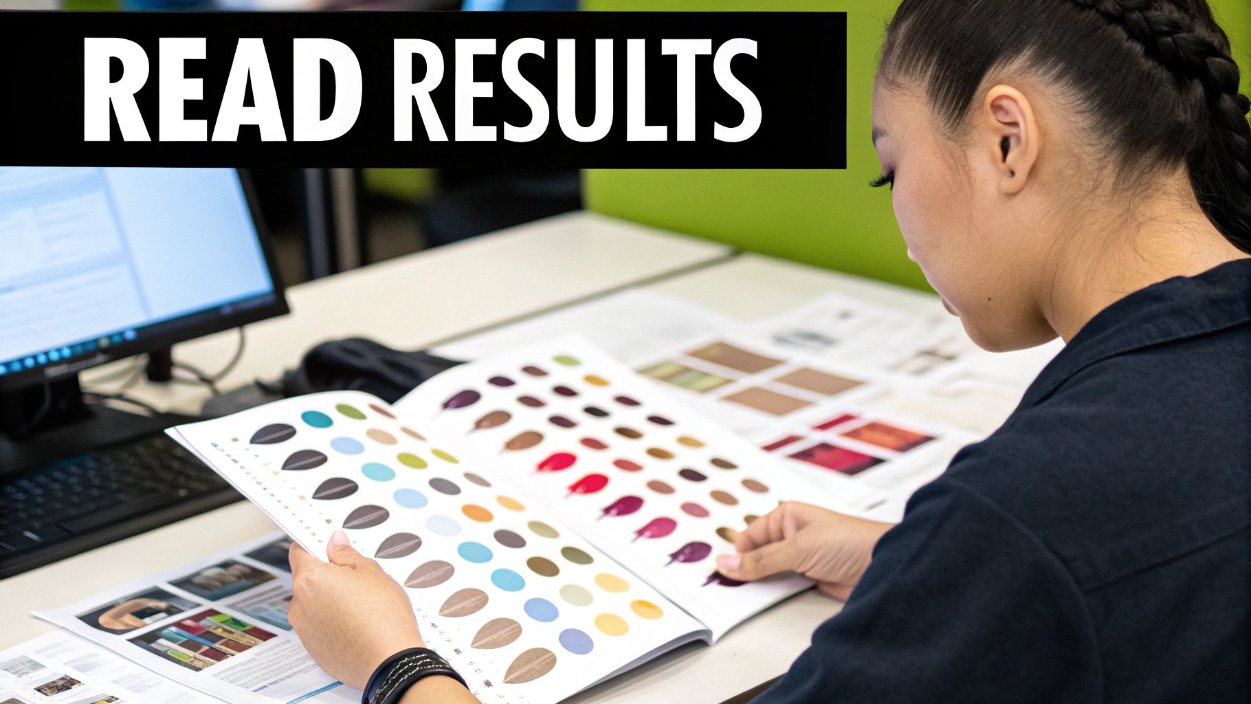 A man and a woman looking together at a tablet, discussing results in a clinical setting.