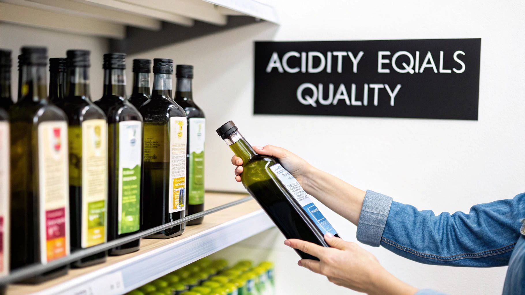 Person holds olive oil bottle in a store aisle, a sign about acidity and quality on the wall.