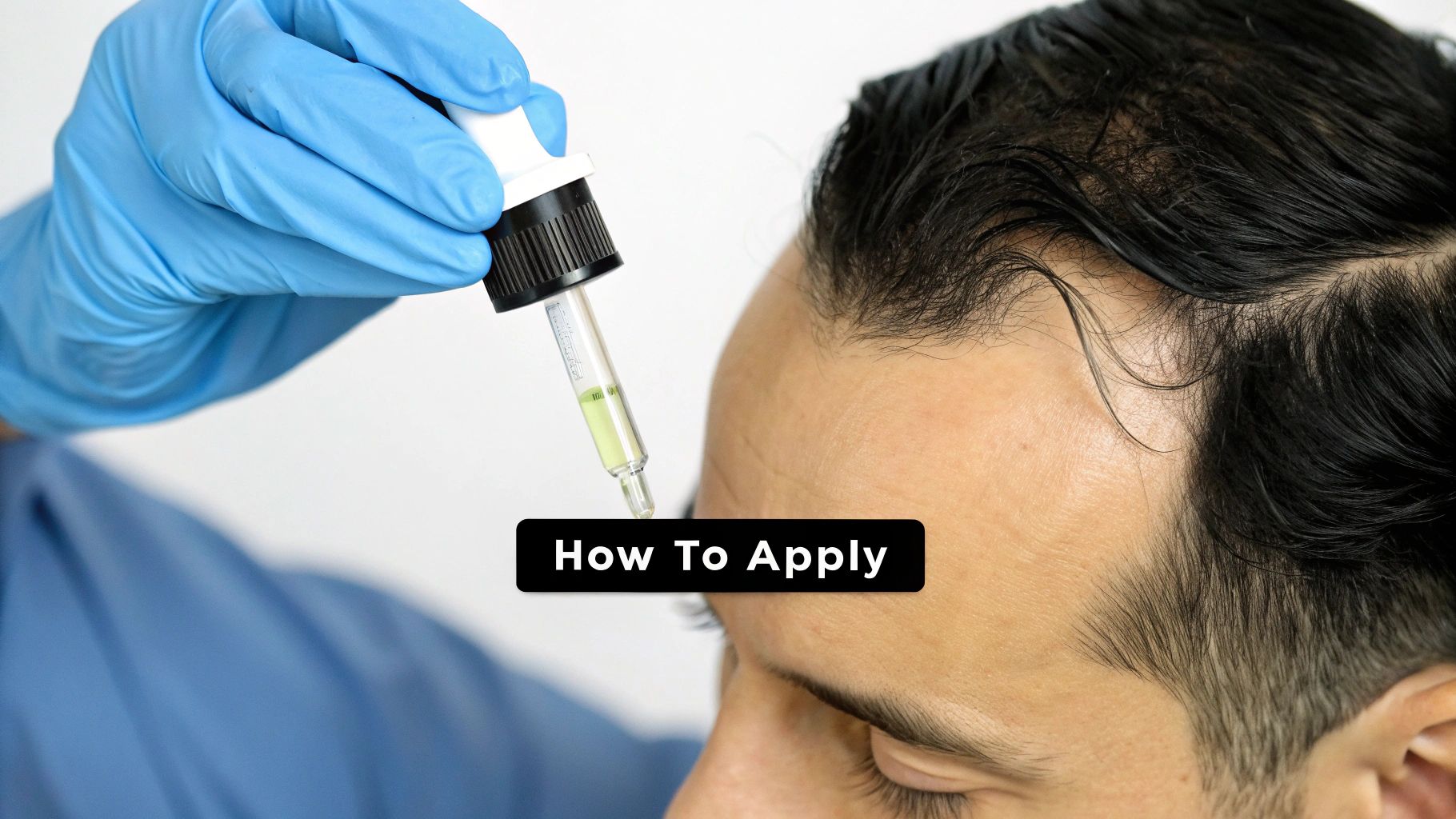 Close-up of a gloved hand using a dropper to apply a liquid to a man's scalp for hair treatment.
