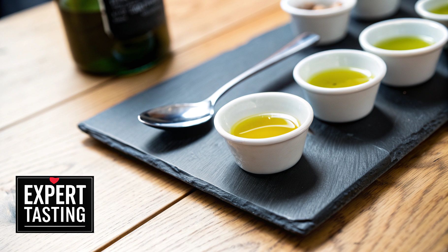 A person in a professional setting tasting extra virgin olive oil from a small blue glass.