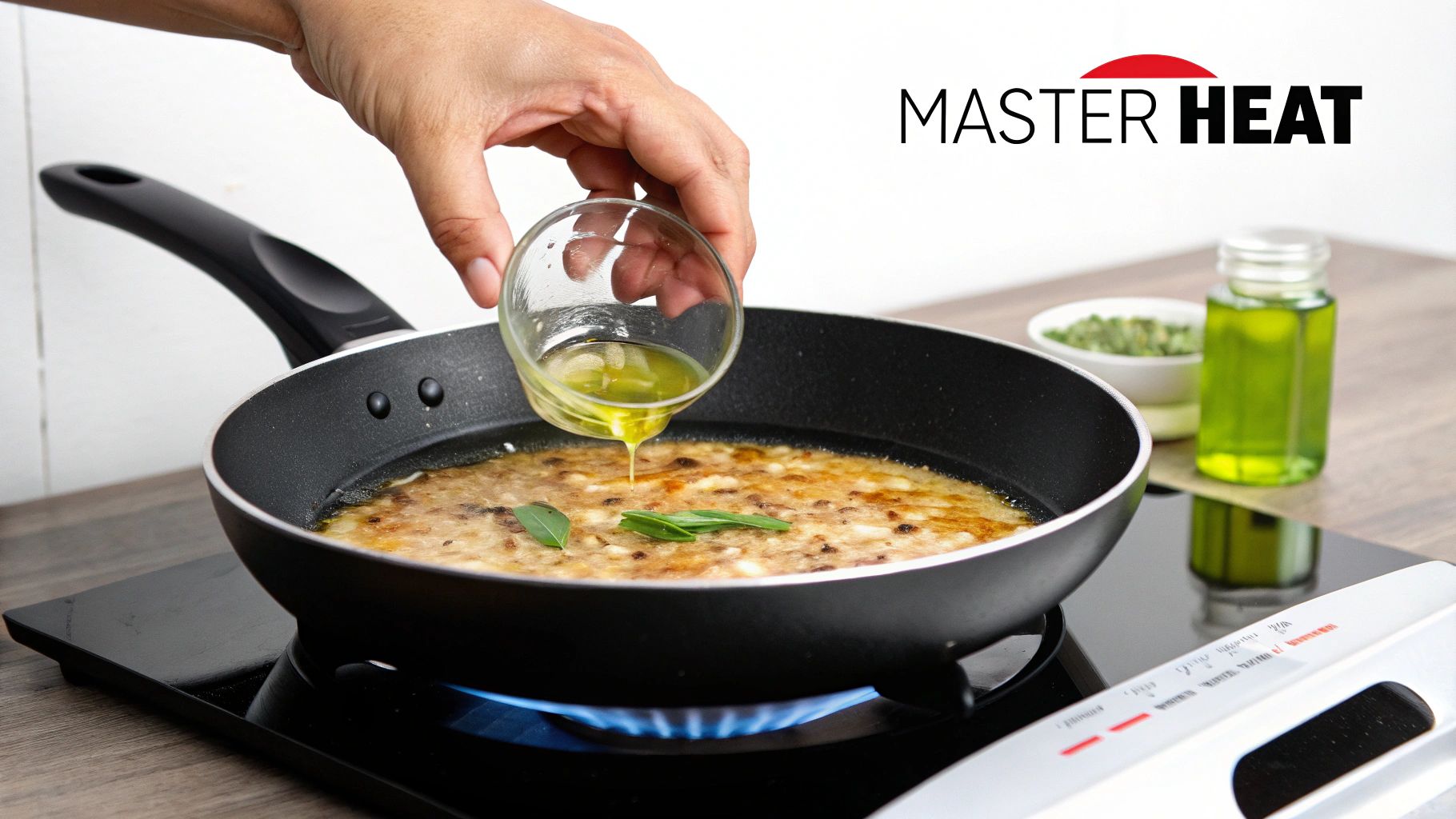 Hand pouring olive oil into a frying pan with food and herbs cooking on a gas stove.