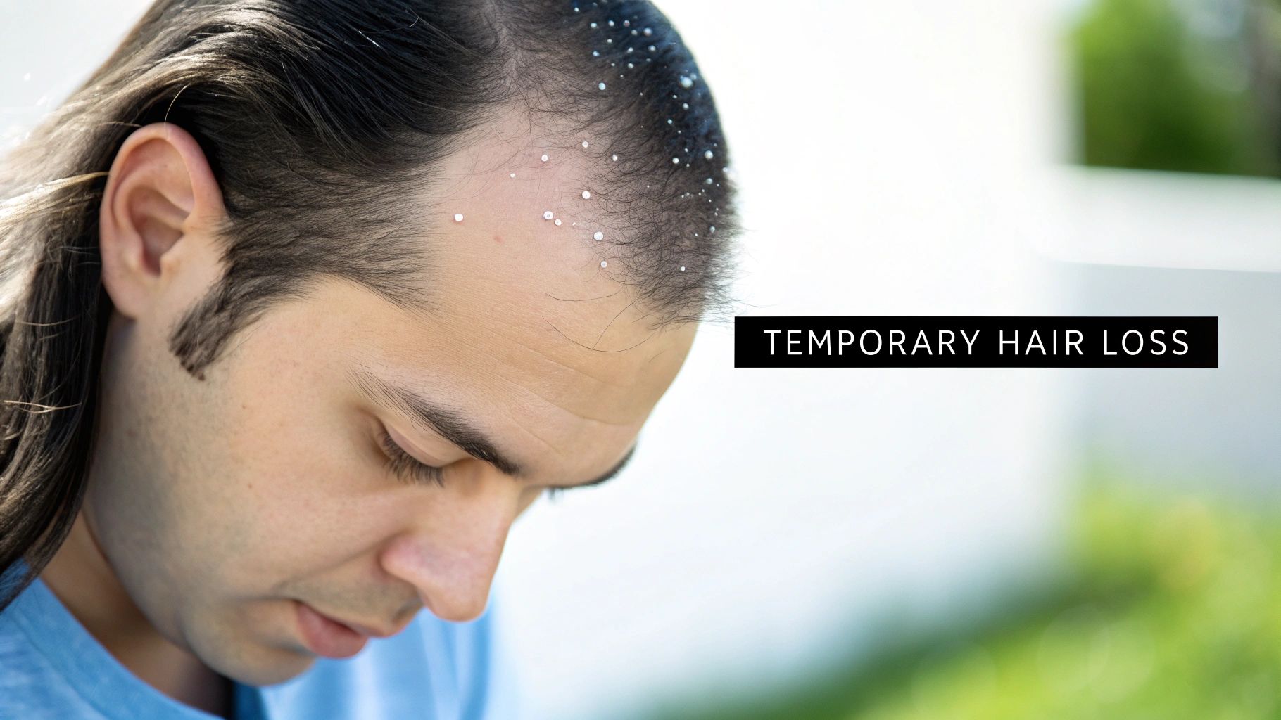 Close-up of a man with long dark hair, showing white specks on his scalp, and text 'TEMPORARY HAIR LOSS'.