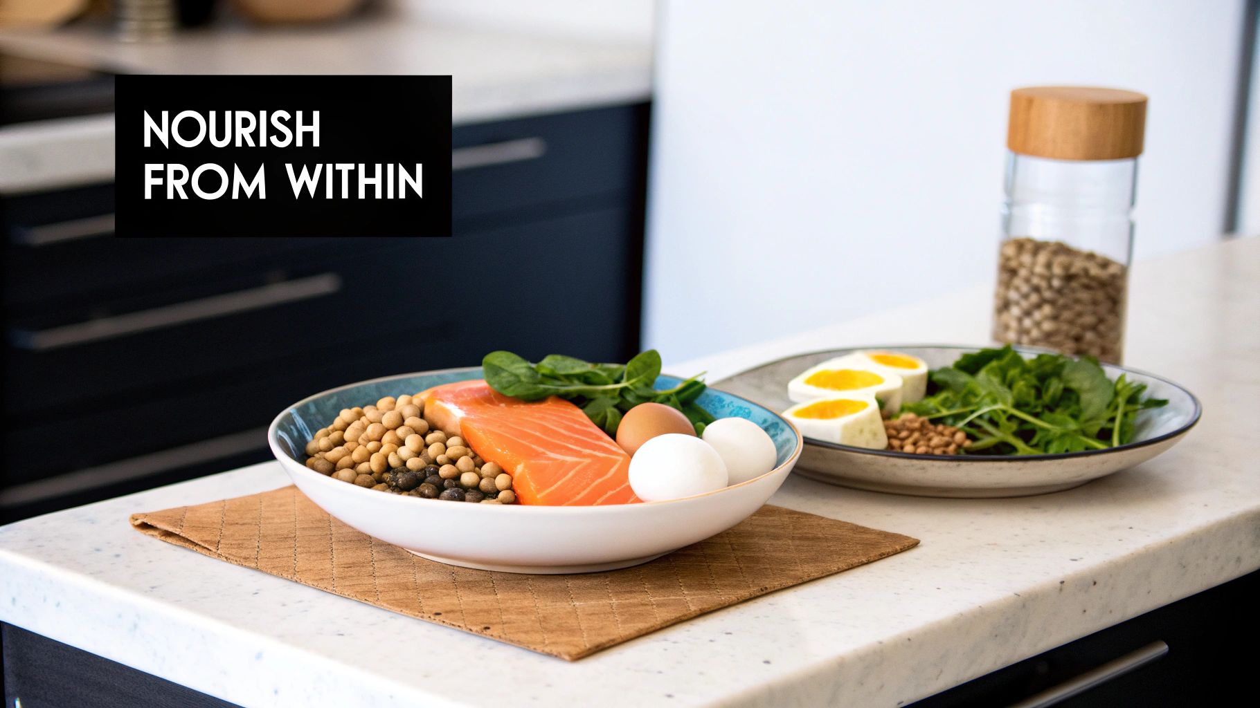 A variety of healthy foods like salmon, avocados, nuts, and leafy greens arranged on a table, symbolizing a diet rich in nutrients for hair growth.